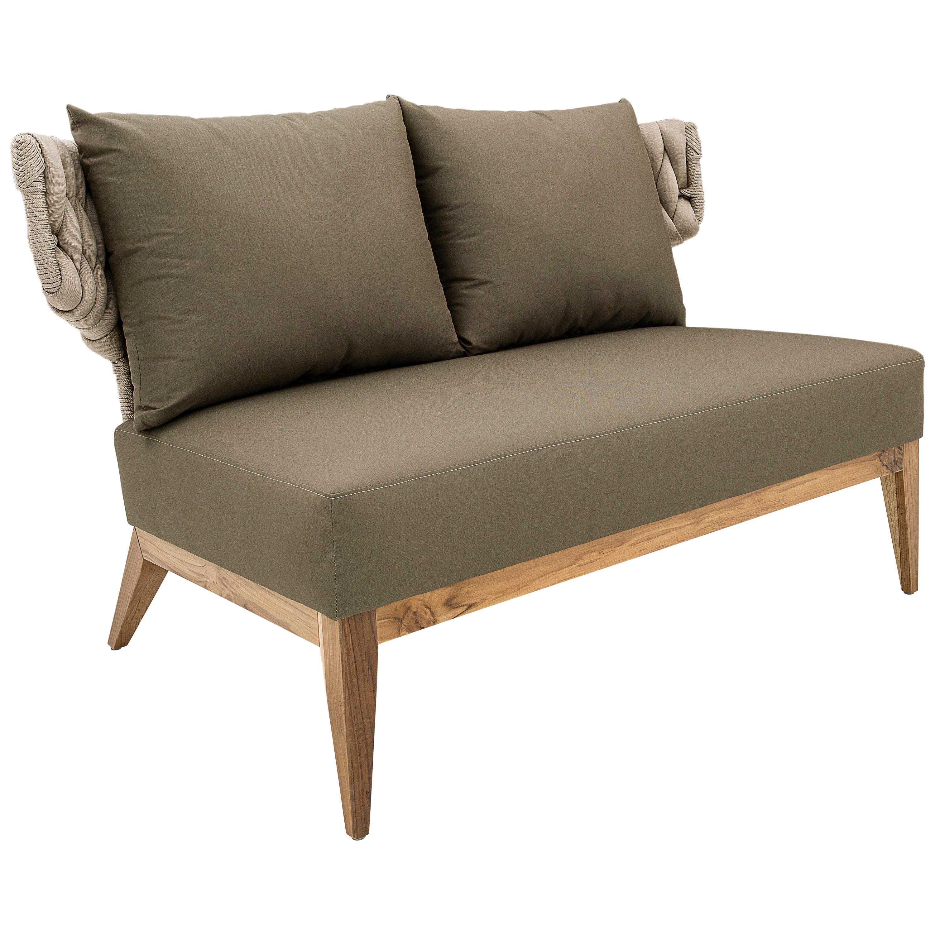 Beluga Outdoor Loveseat in Olive Green fabric and Teak wood For Sale