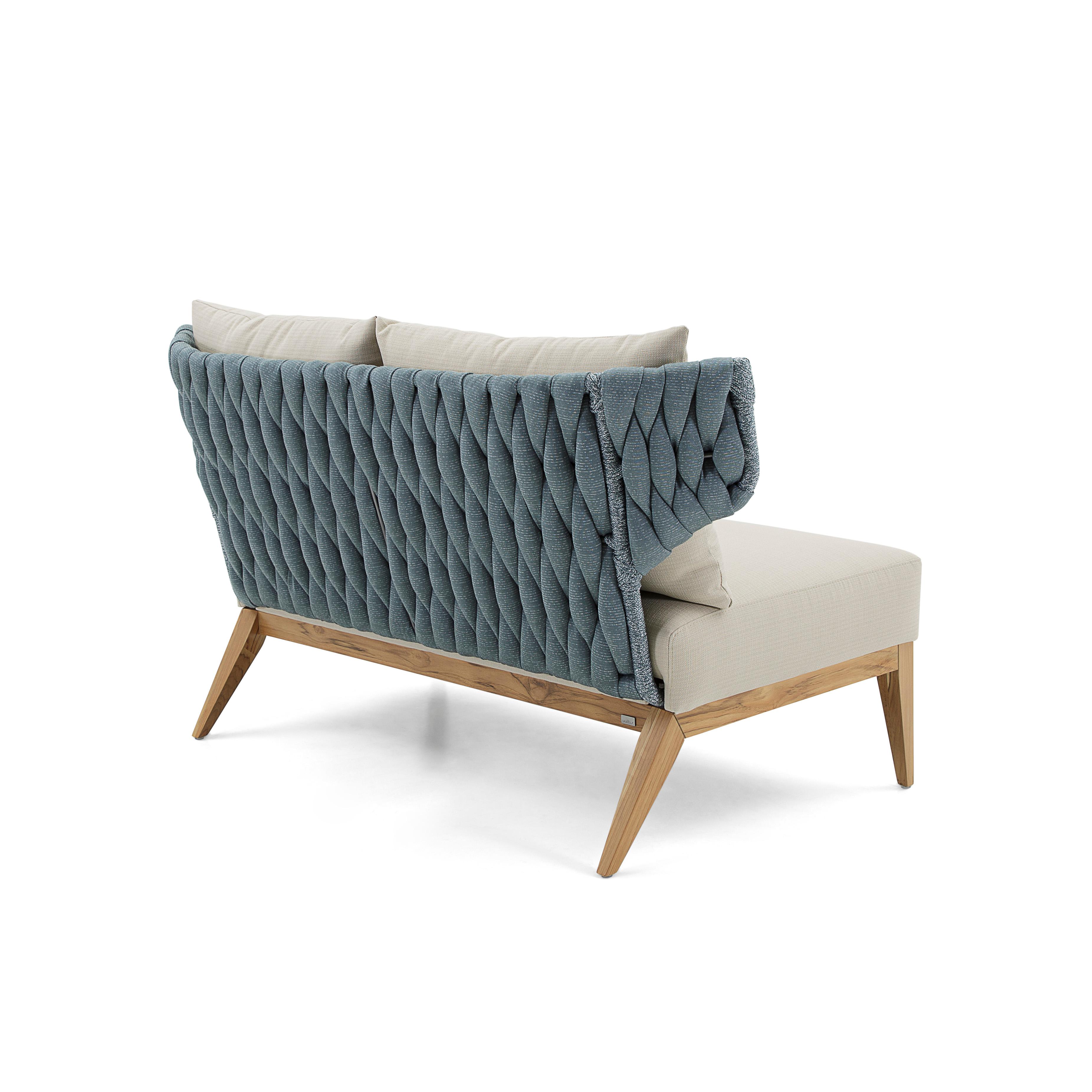 Brazilian Beluga Outdoor Loveseat in Beige and Blue fabric and Teak wood For Sale