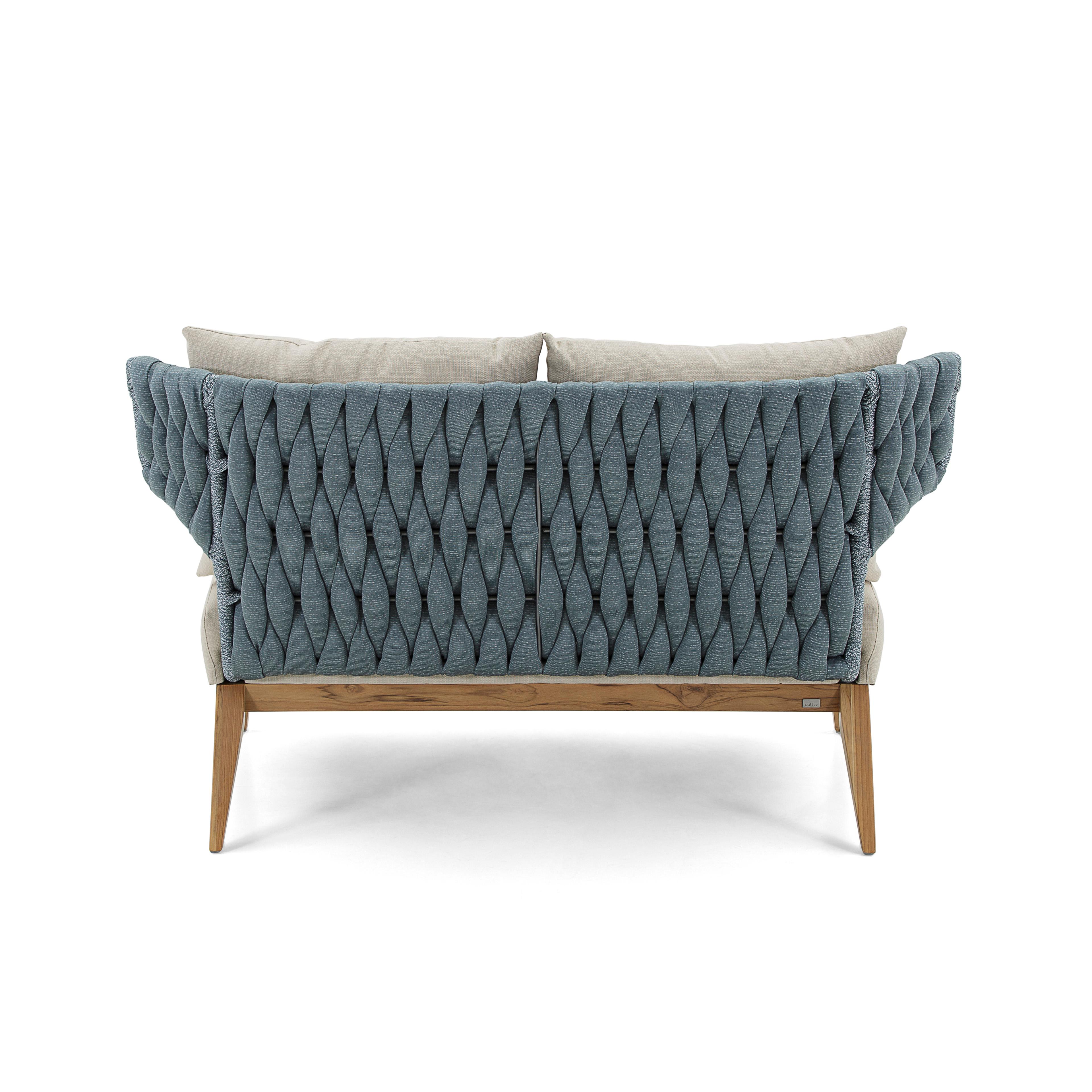 Beluga Outdoor Loveseat in Beige and Blue fabric and Teak wood In New Condition For Sale In Miami, FL