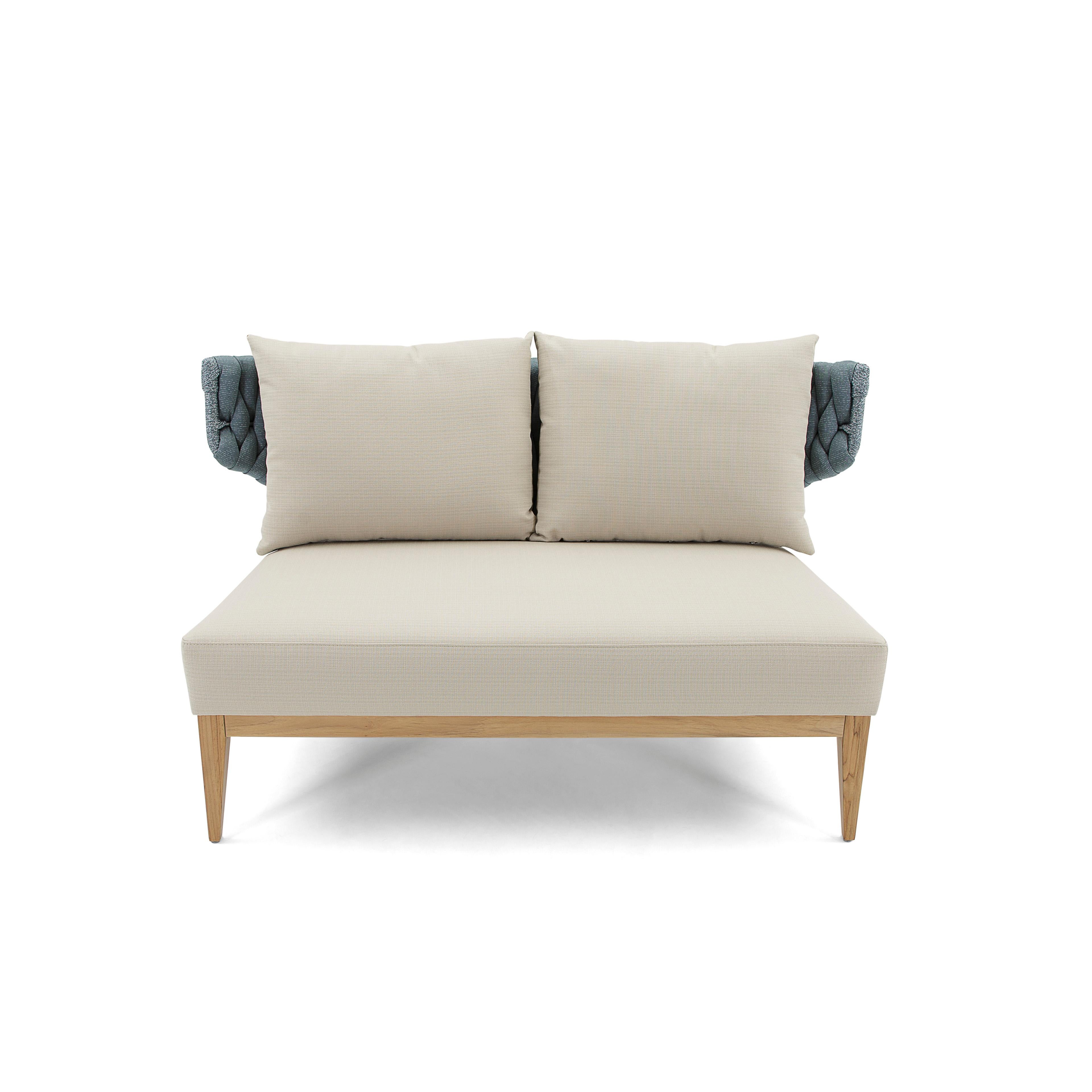 Contemporary Beluga Outdoor Loveseat in Beige and Blue fabric and Teak wood For Sale