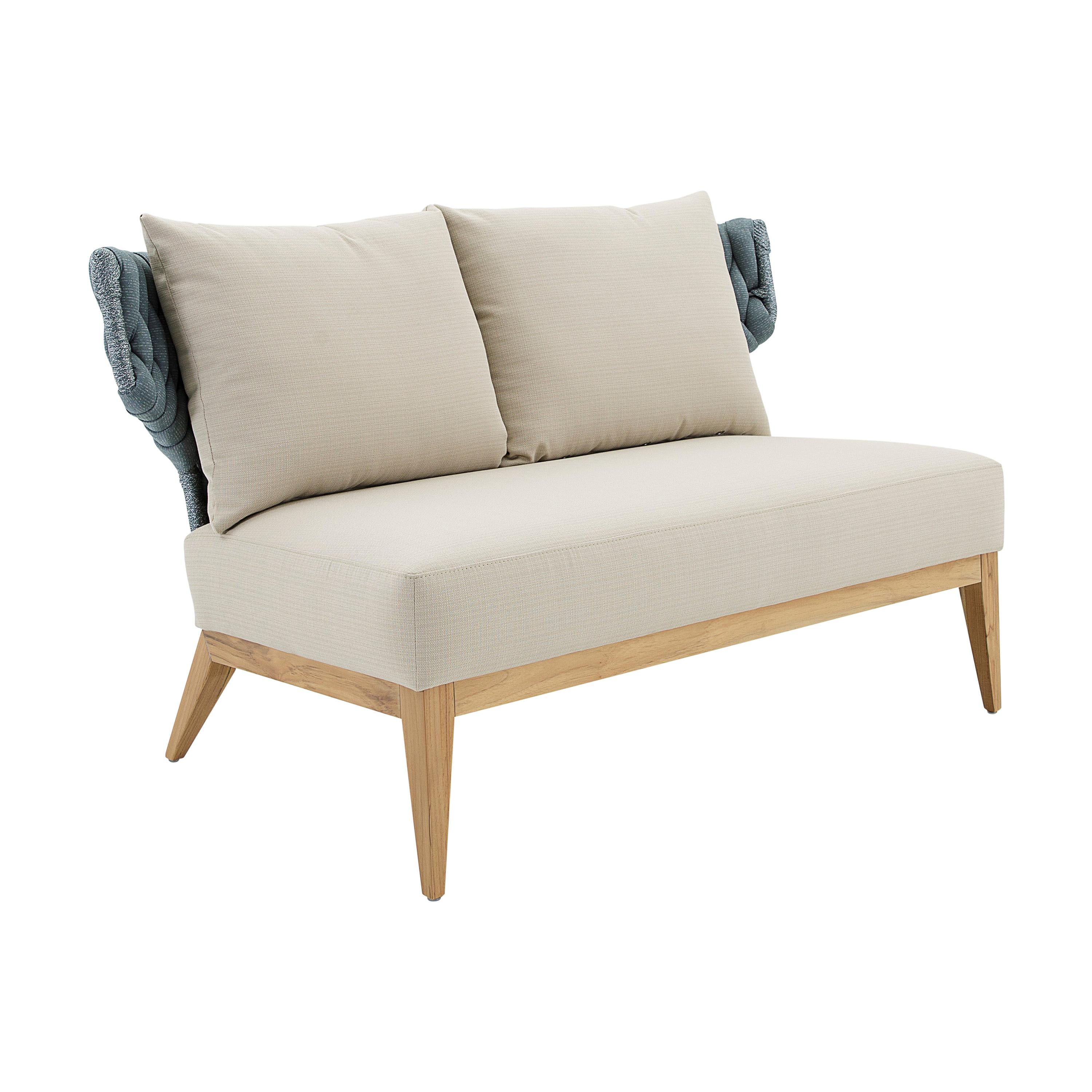 Beluga Outdoor Loveseat in Beige and Blue fabric and Teak wood For Sale