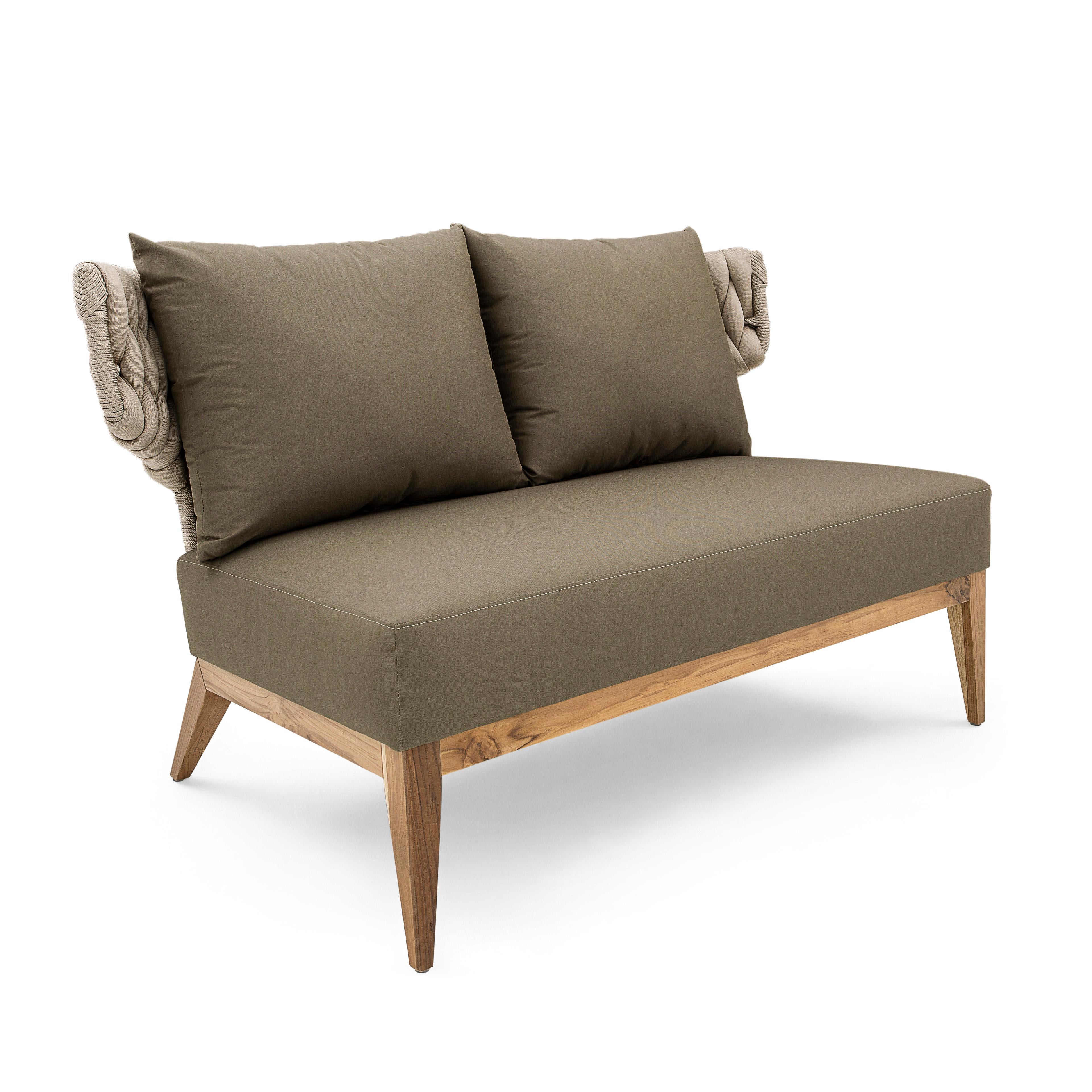 Upholstery Beluga Outdoor Set with Loveseat and Armchair in OliveGreen fabric and Teak wood For Sale
