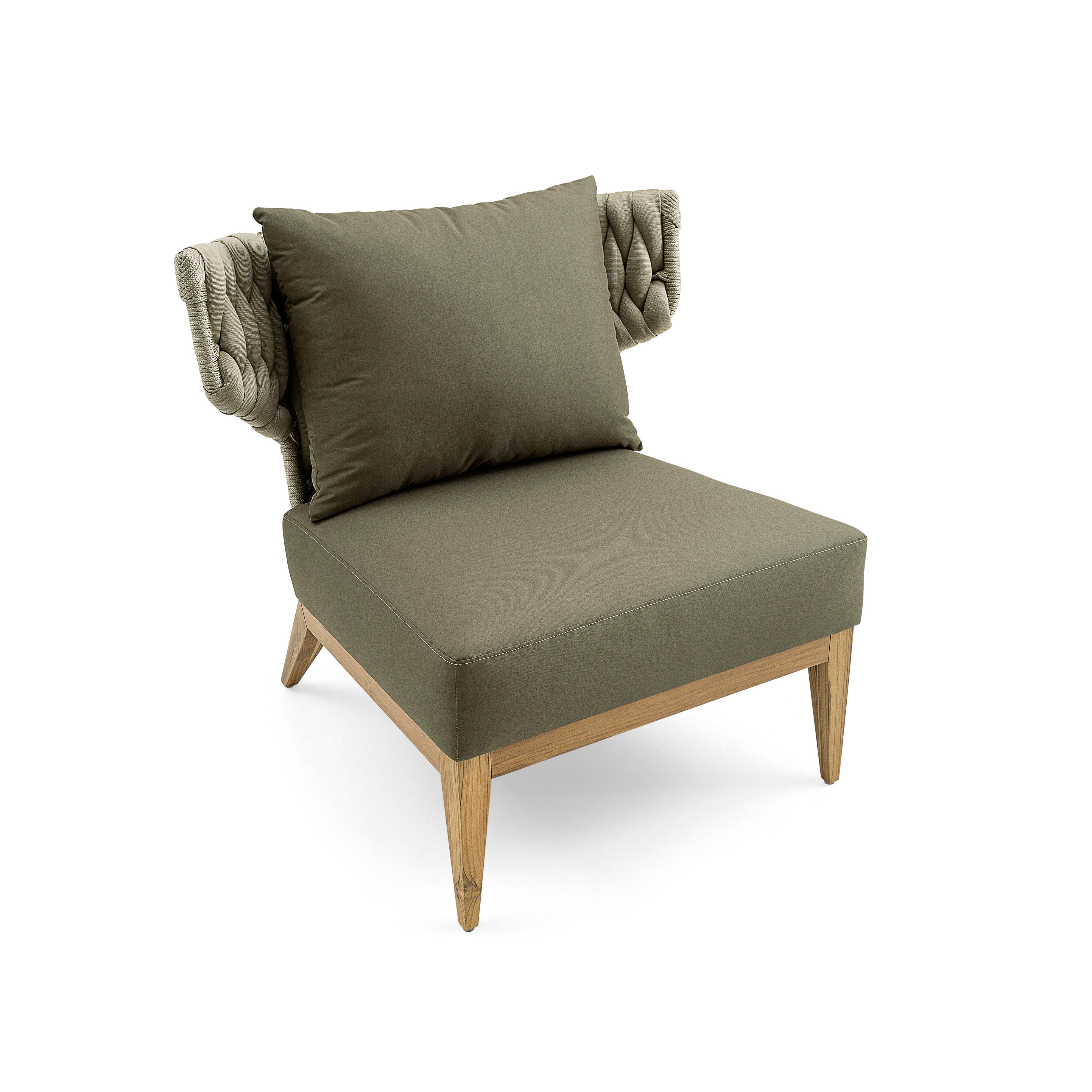 Beluga Outdoor Set with Loveseat and Armchair in OliveGreen fabric and Teak wood For Sale 2