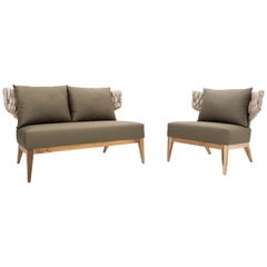 Beluga Outdoor Set with Loveseat and Armchair in OliveGreen fabric and Teak wood