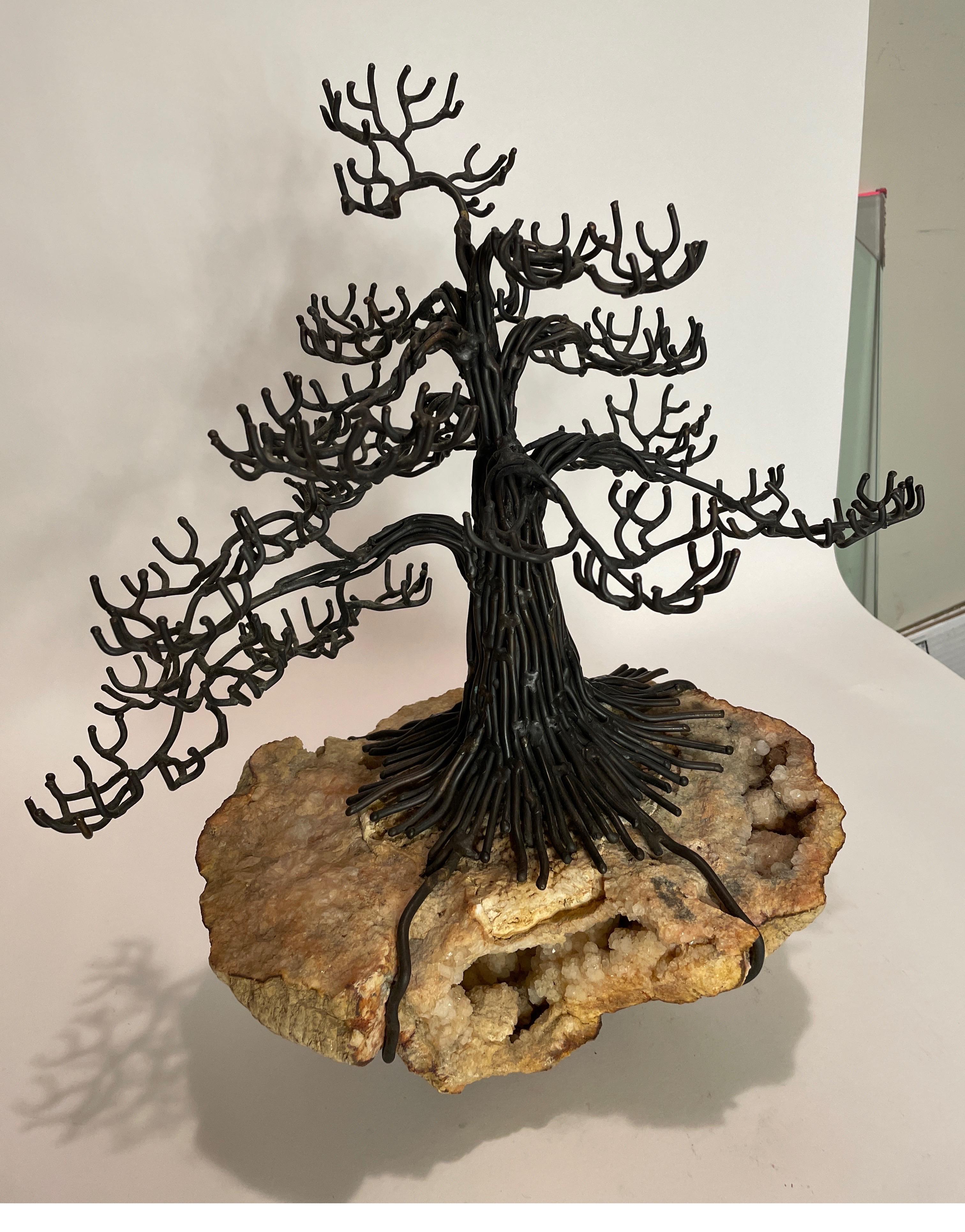 Signed bronze bonsai tree sculpture on a large geode by Bella Ball.