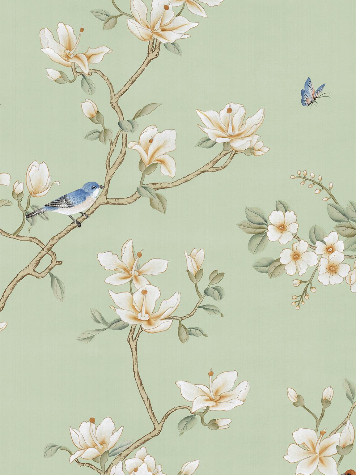 This set of two panels is from the Belvedere chinoiserie design. Elegant flowering branches and orchids are populated by song birds and butterflies. Each panel measures 36