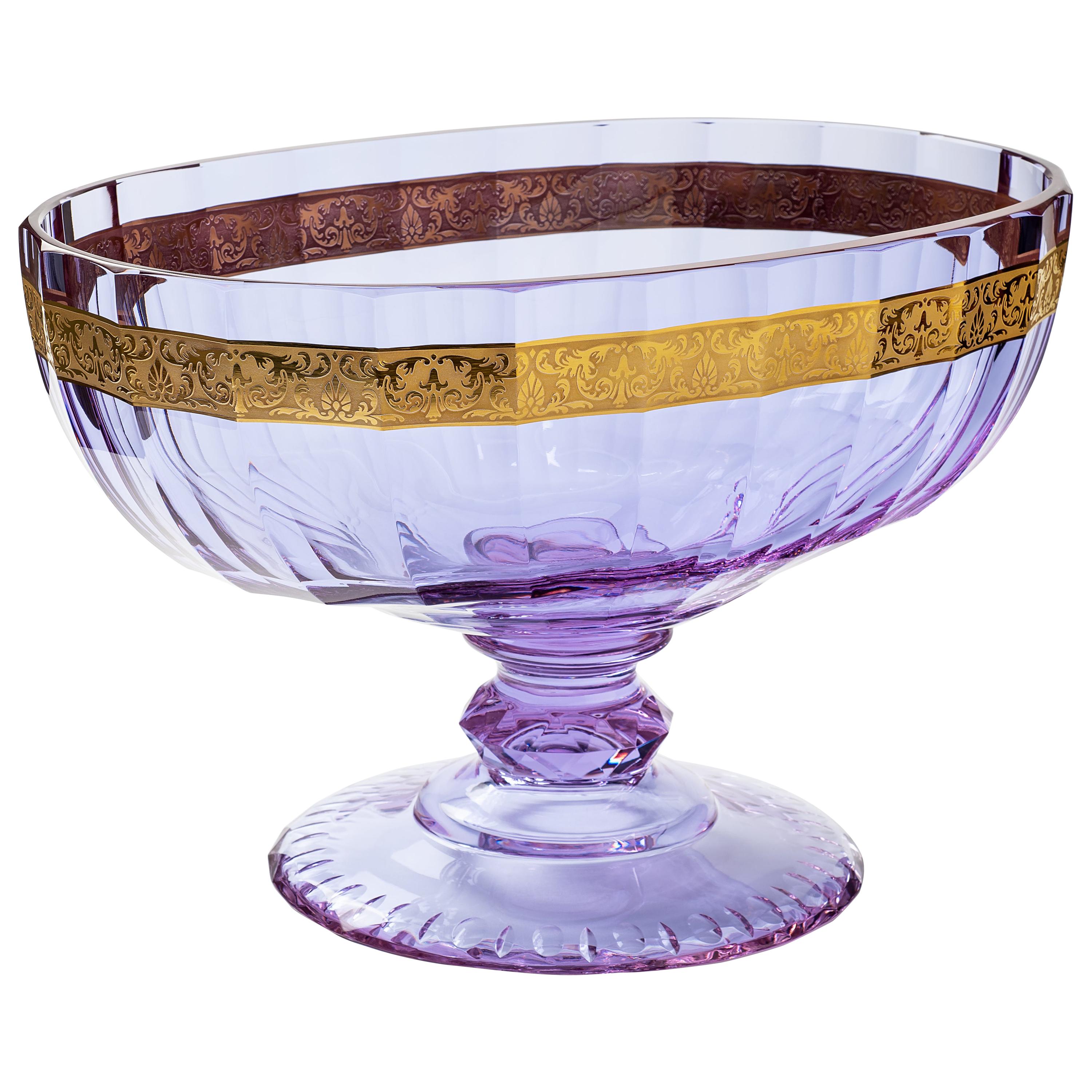 Belvedere Crystal Bowl with 24-Karat Gold Flowers Decor Purple 'Alex' For Sale