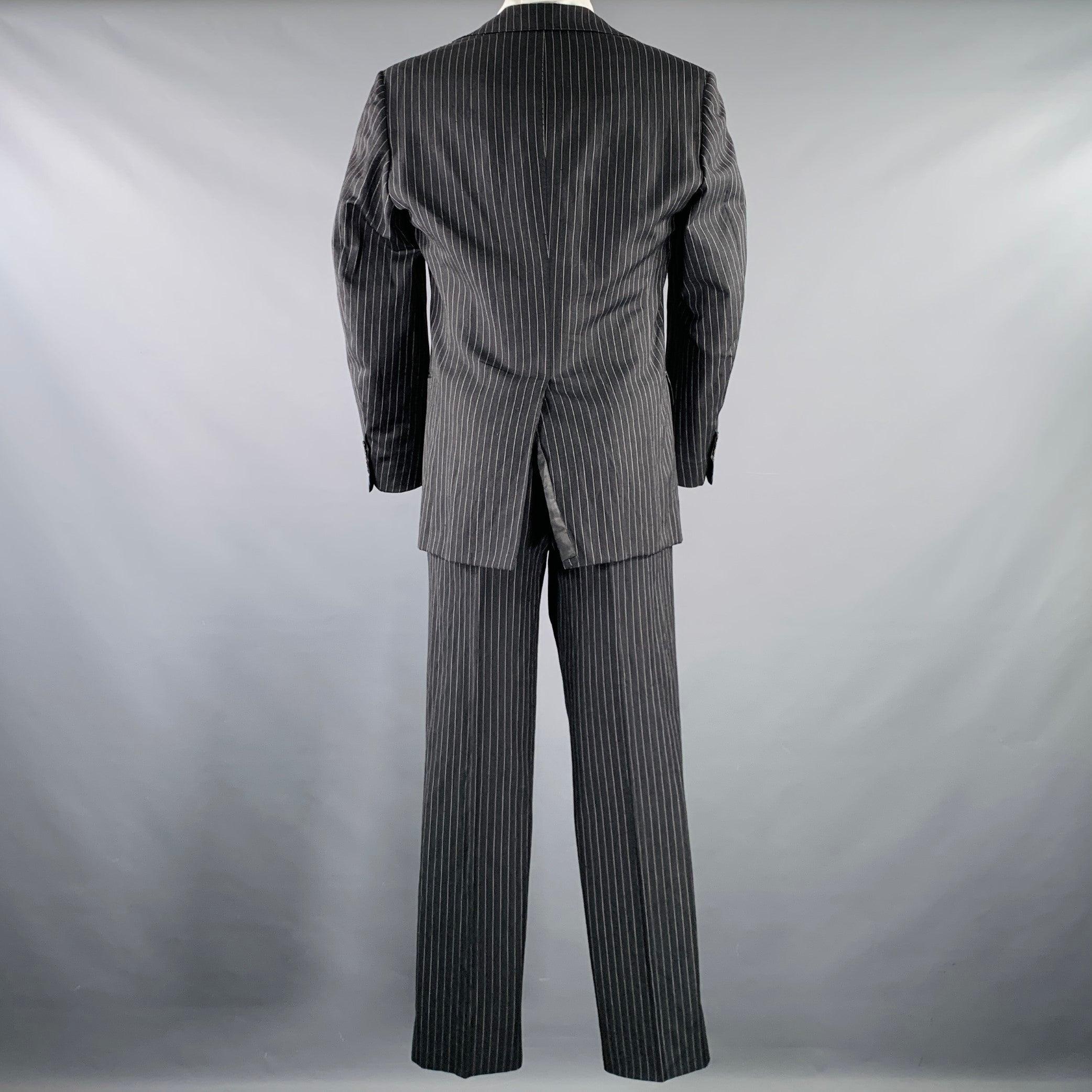 Gray BELVEST Size 40 Grey White Pinstripe Wool Linen Single Breasted Suit For Sale