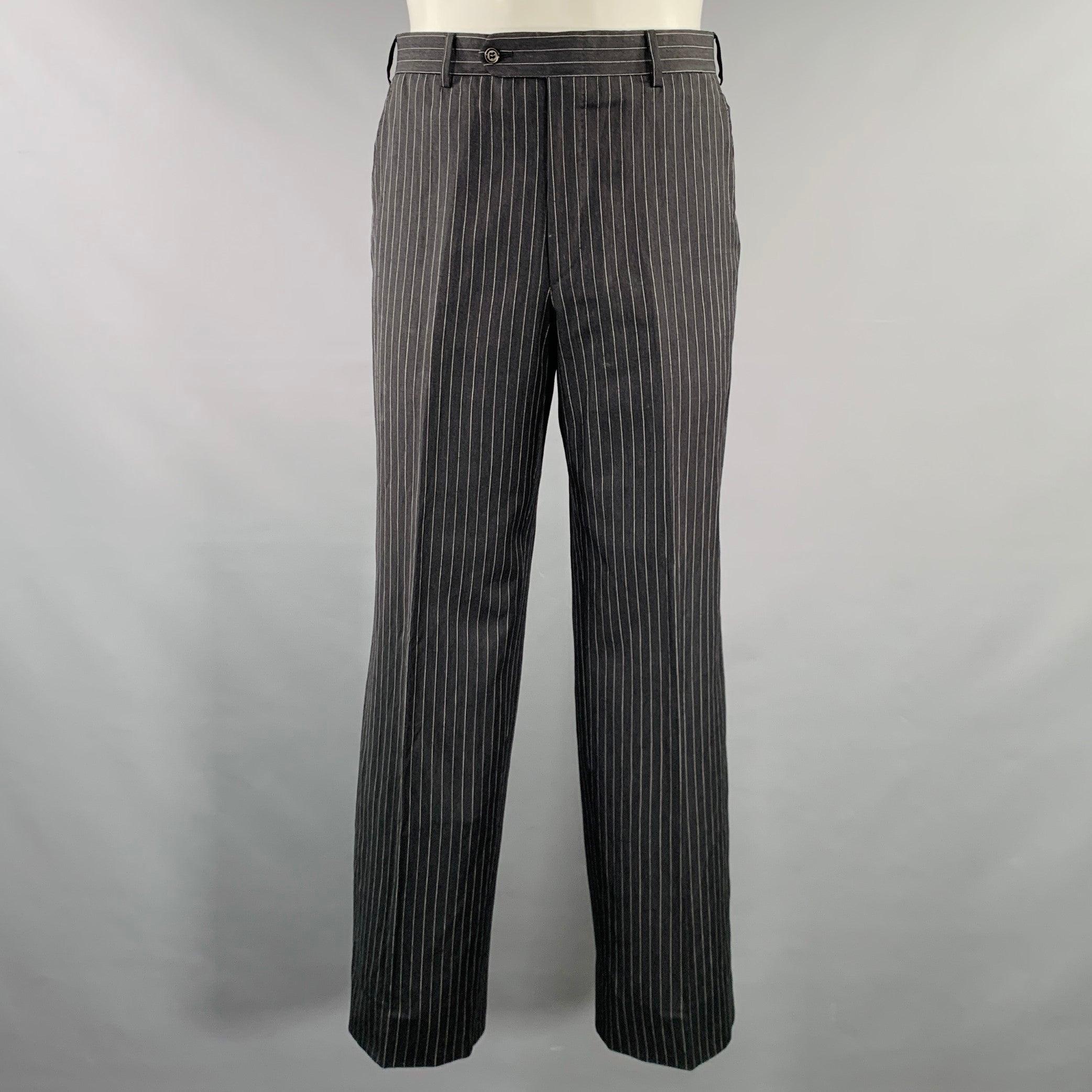 BELVEST Size 40 Grey White Pinstripe Wool Linen Single Breasted Suit In Good Condition For Sale In San Francisco, CA