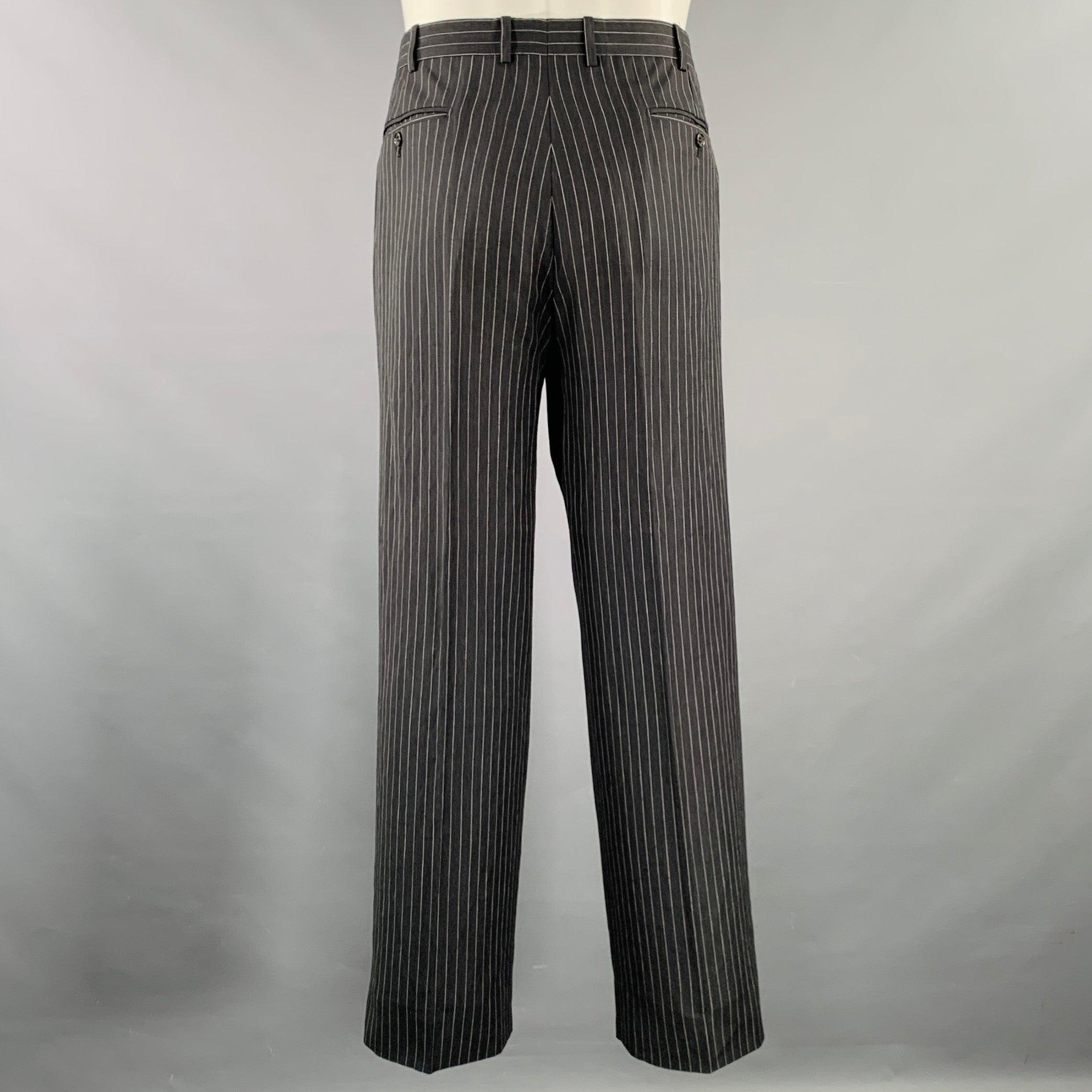 Men's BELVEST Size 40 Grey White Pinstripe Wool Linen Single Breasted Suit For Sale