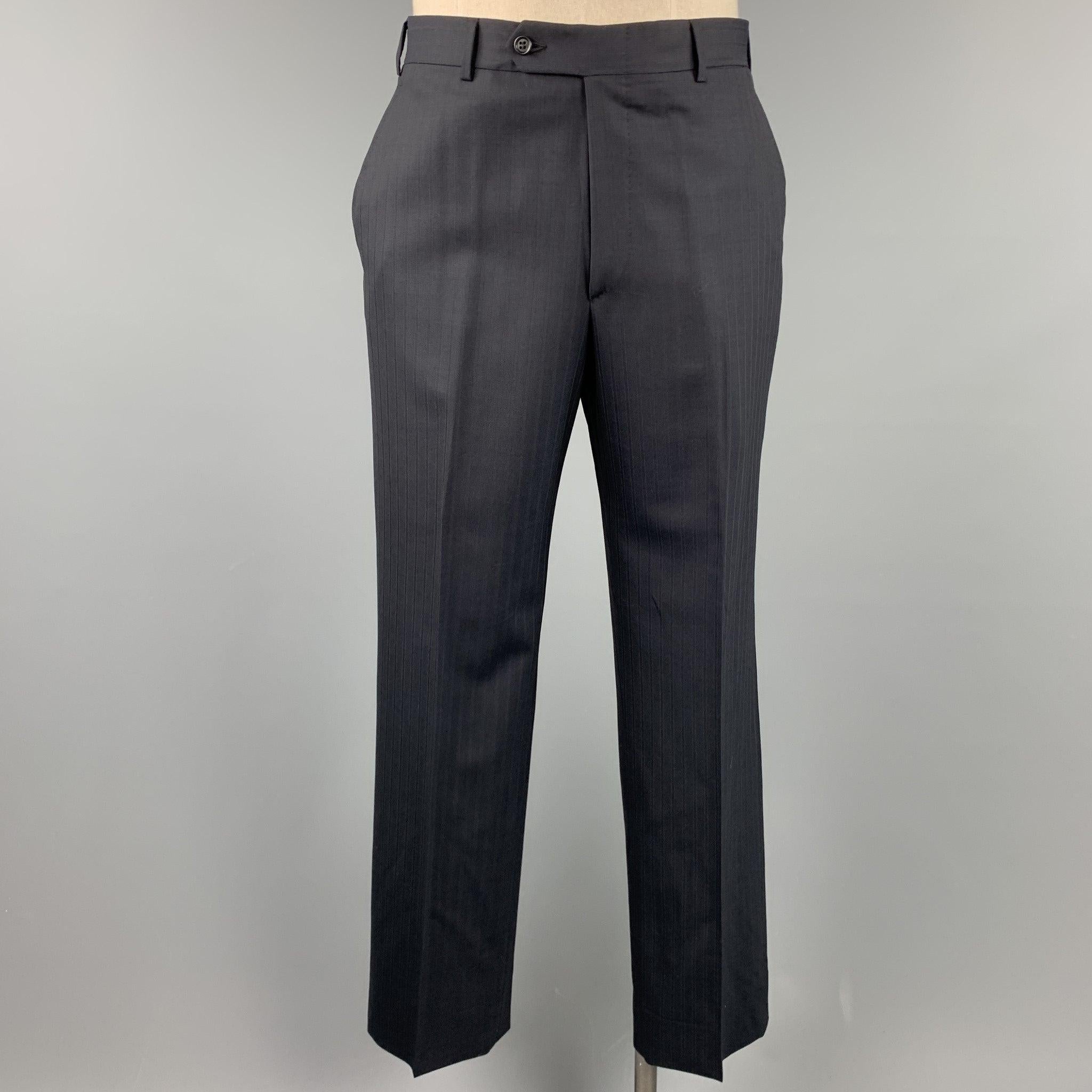 BELVEST Size 42 Long Black Stripe Wool Notch Lapel Suit For Sale 1