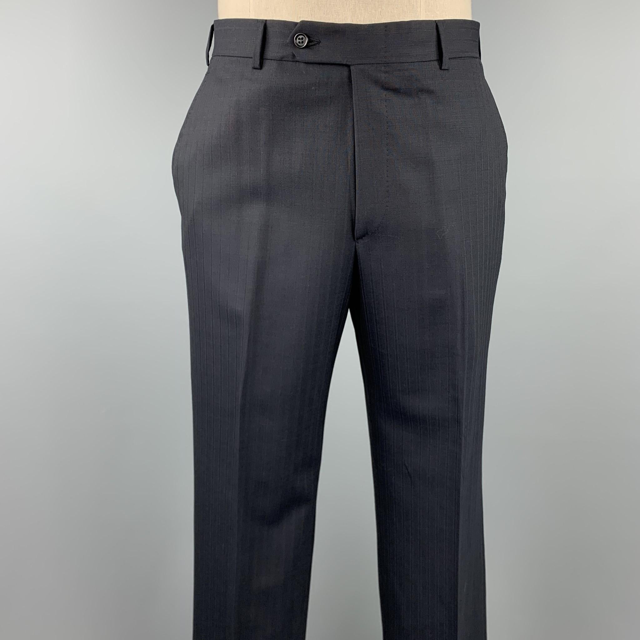 BELVEST Size 42 Long Black Stripe Wool Notch Lapel Suit In Good Condition In San Francisco, CA