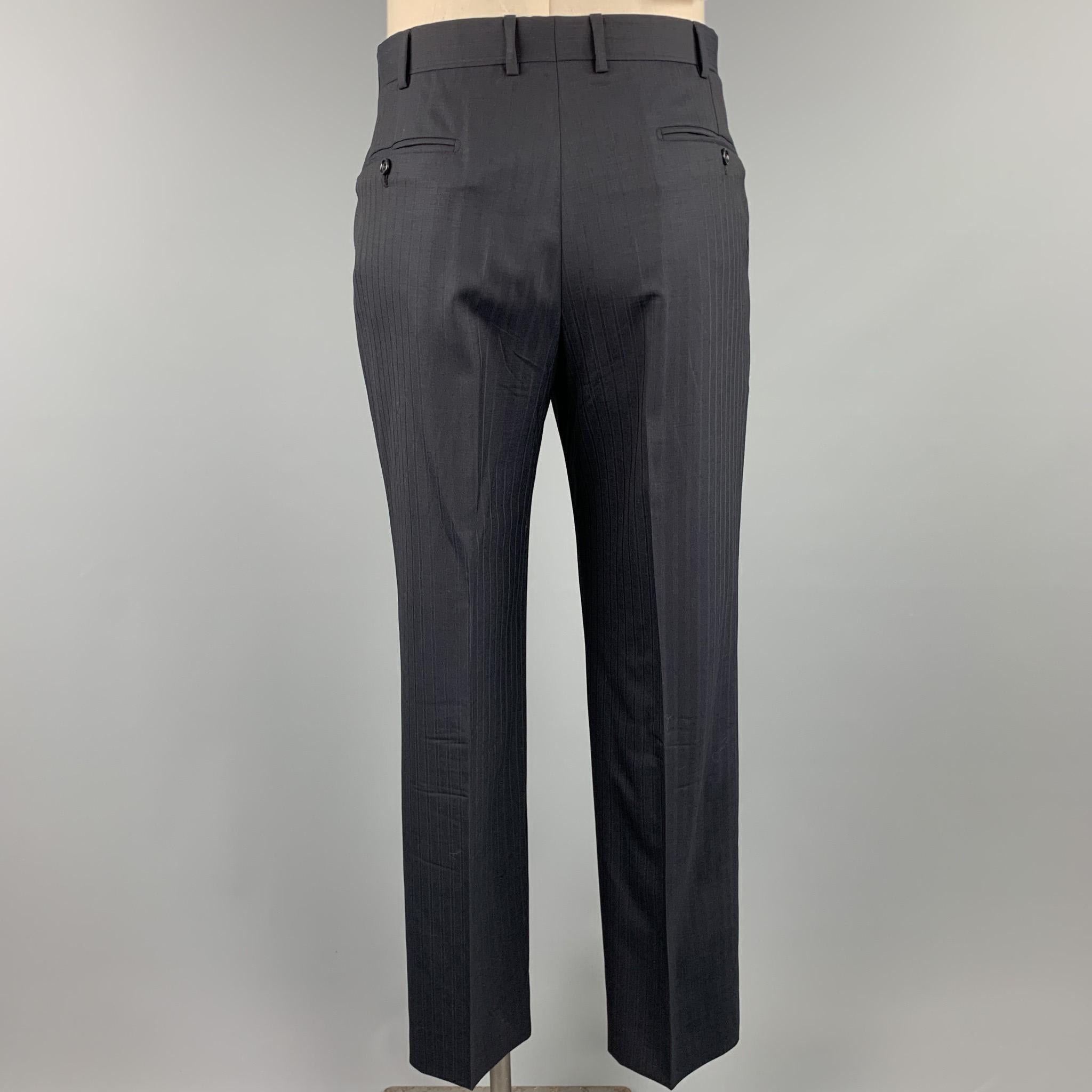 Men's BELVEST Size 42 Long Black Stripe Wool Notch Lapel Suit