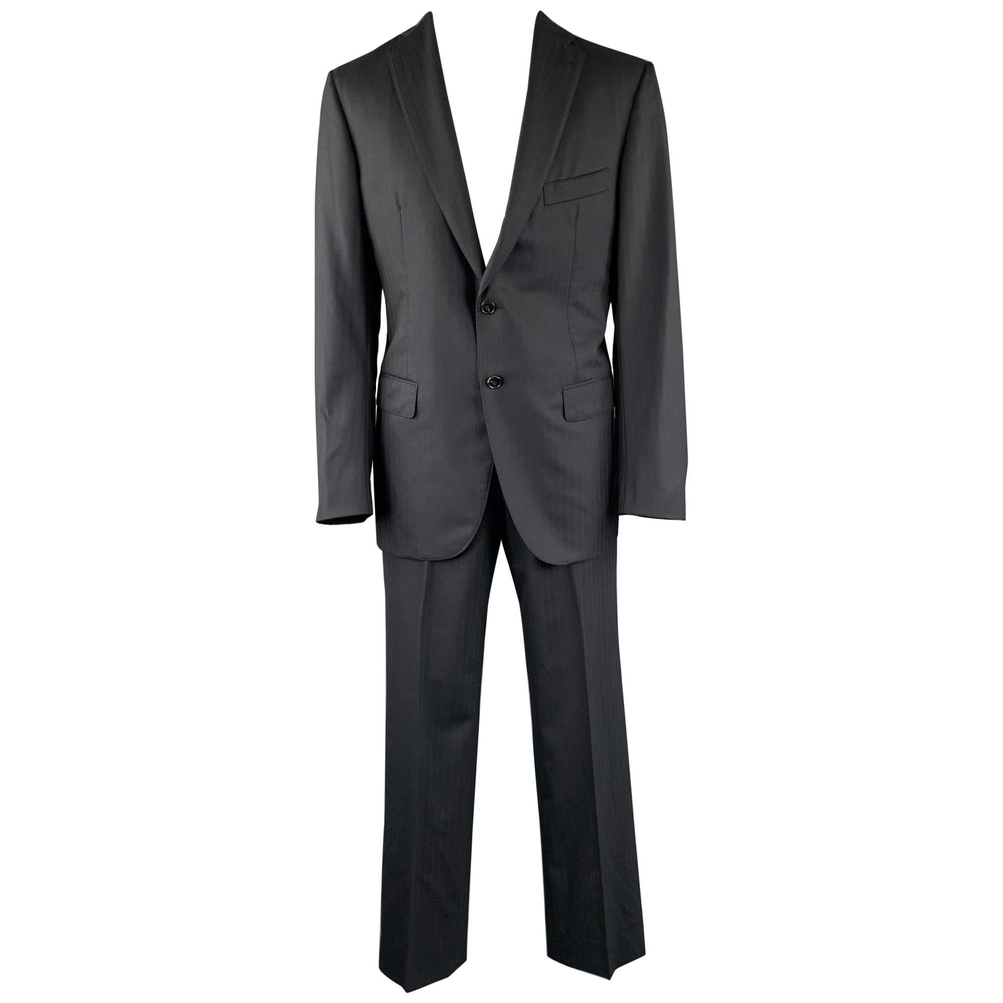 BELVEST Size 42 Long Black Stripe Wool Notch Lapel Suit