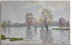Spring Landscape Antique Painting Oil Canvas Water River Art by Belyak V.