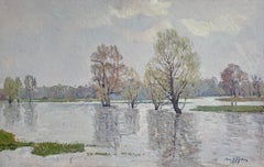 Spring Landscape Antique Painting Oil Canvas Water River Art by Belyak V.