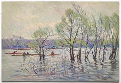 Spring River Landscape Antique Painting Oil Boats Kayaks Vintage Art Belyak V.