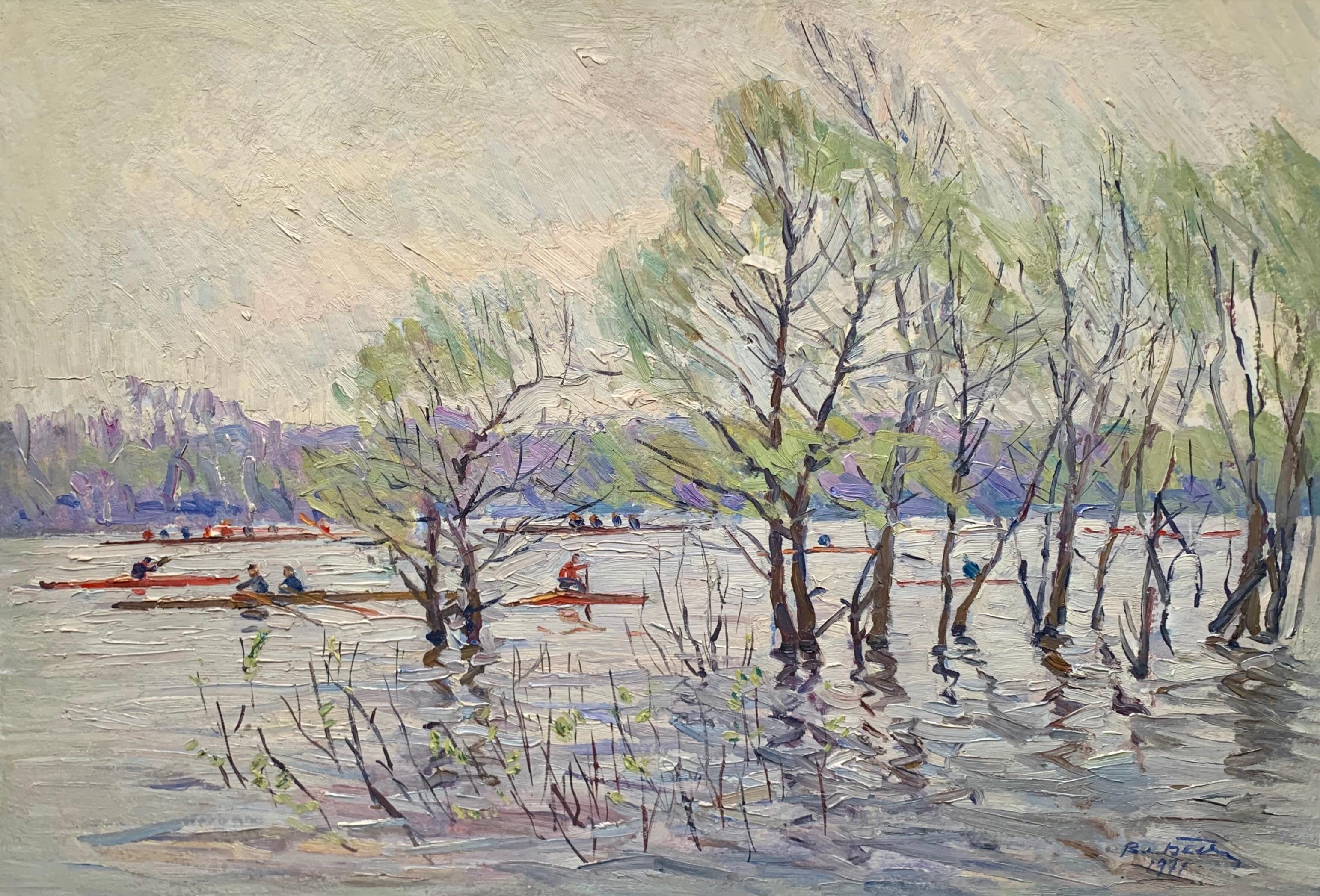 Belyak Vladimir Landscape Painting - Spring River Landscape Antique Painting Oil Boats Kayaks Vintage Art Belyak V.