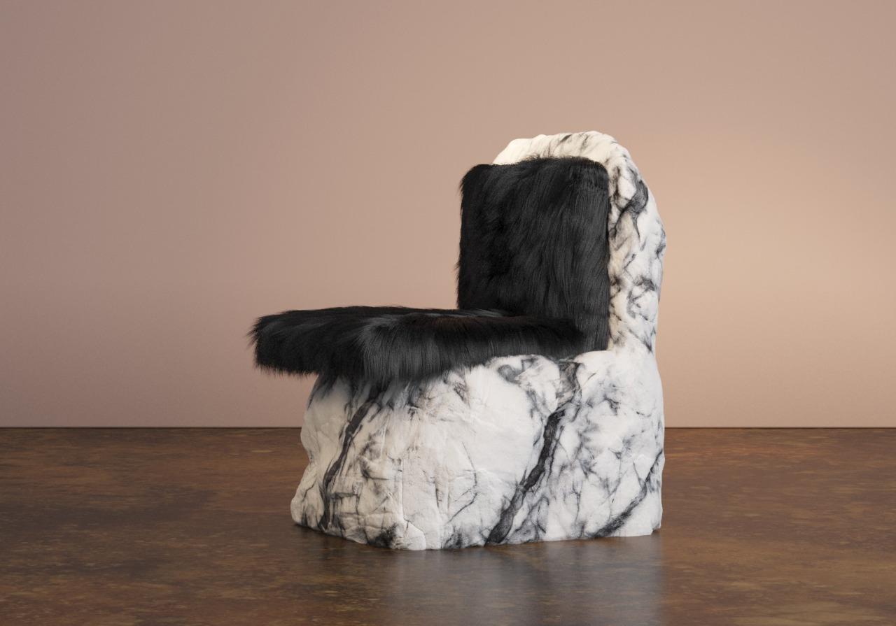Bemons Chair by Bea Interiors
One of a Kind.
Dimensions: D 60 x W 60 x H 85 cm.
Materials: Black Siberian faux fur and marble. 

Bemons is an exceptionally rare piece of marble sourced specifically from a quarry in Portugal. This stunning chair is a