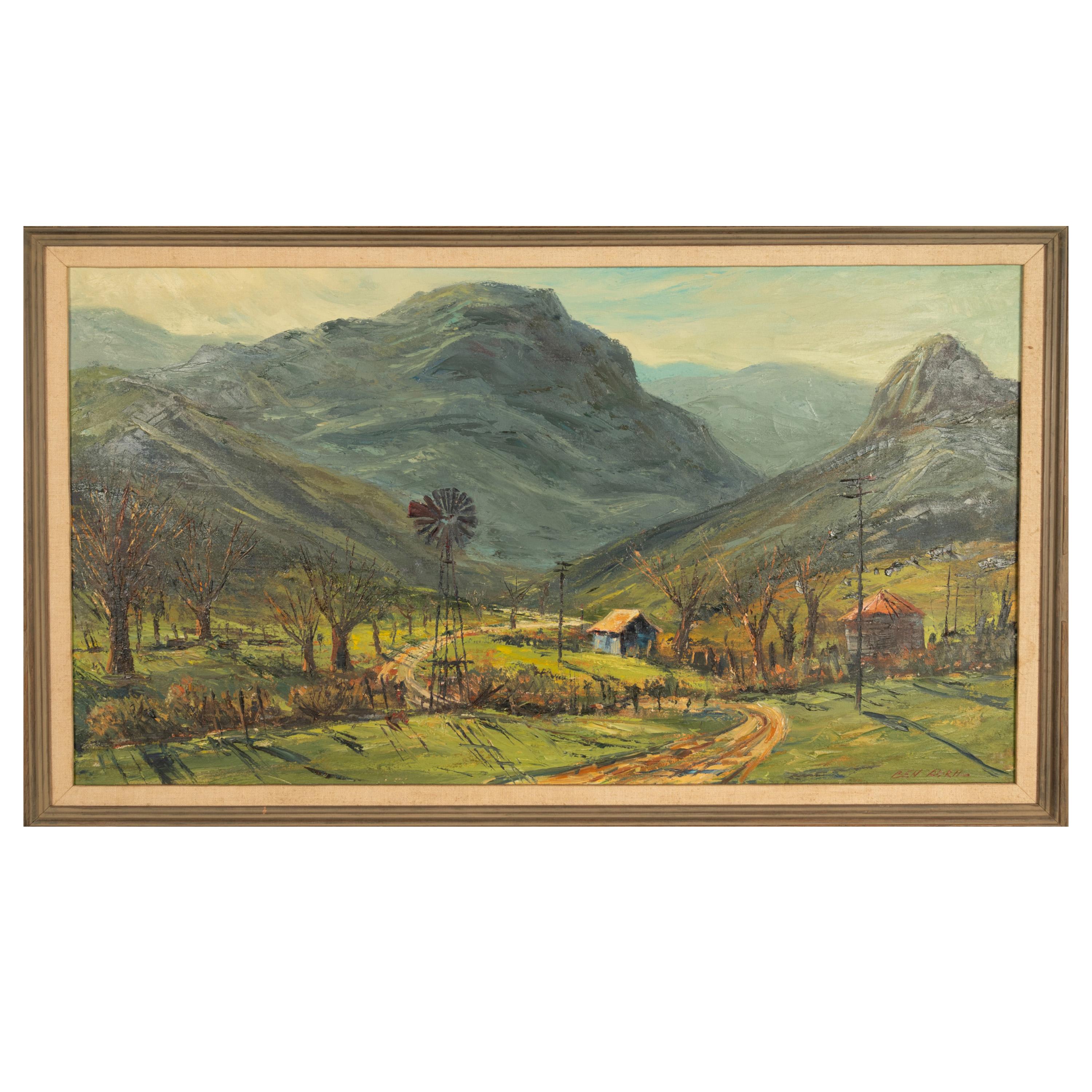 Oil on Canvas Painting Southern California Los Angeles Country Scene Windmill - Brown Landscape Painting by Ben Abril