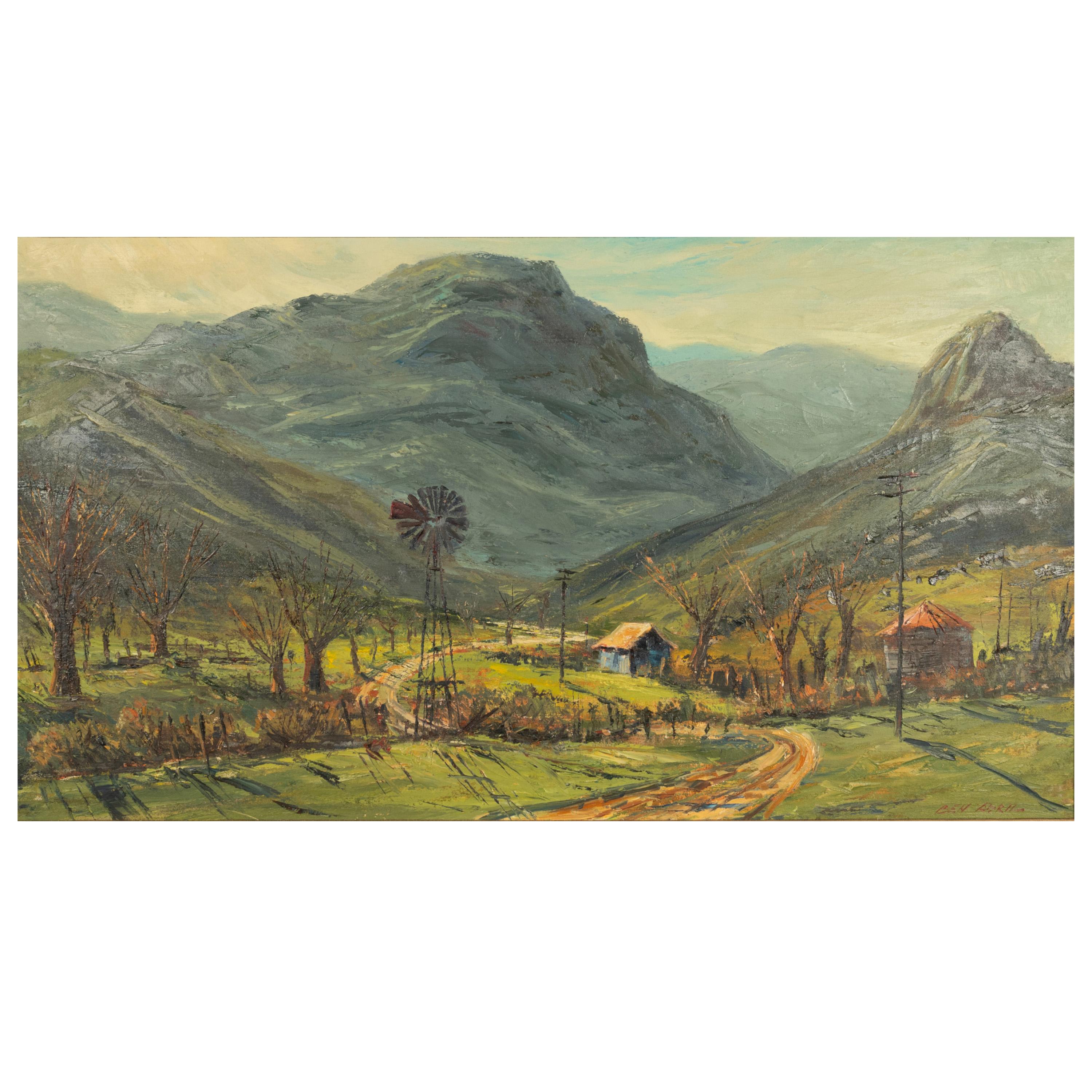 A very good & large oil on canvas painting by California artist Ben Abril (1923-1995), Southern California, Los Angeles circa 1950.
The artist a California native documented the city of Los Angeles and scenes of the California countryside now