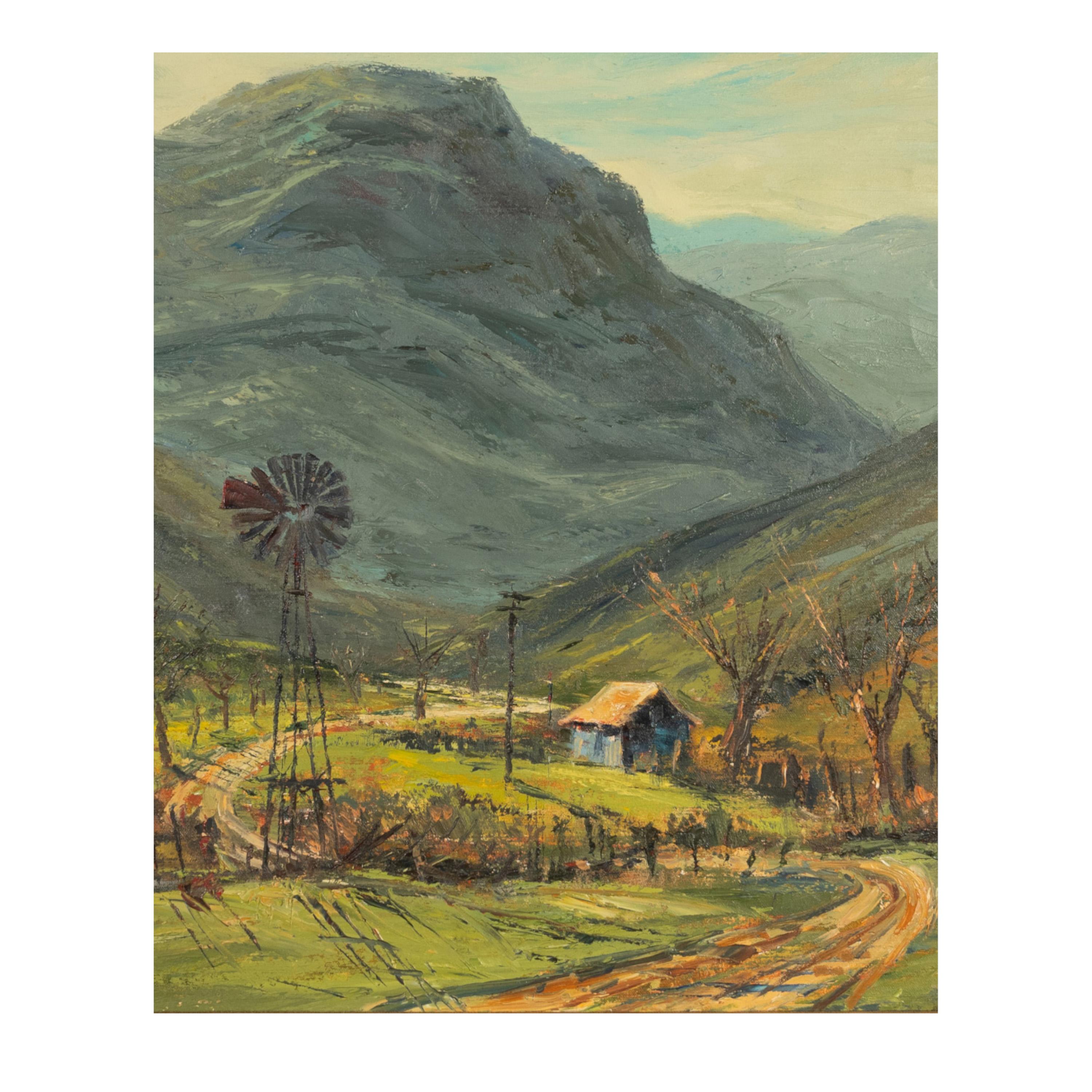 Oil on Canvas Painting Southern California Los Angeles Country Scene Windmill For Sale 4