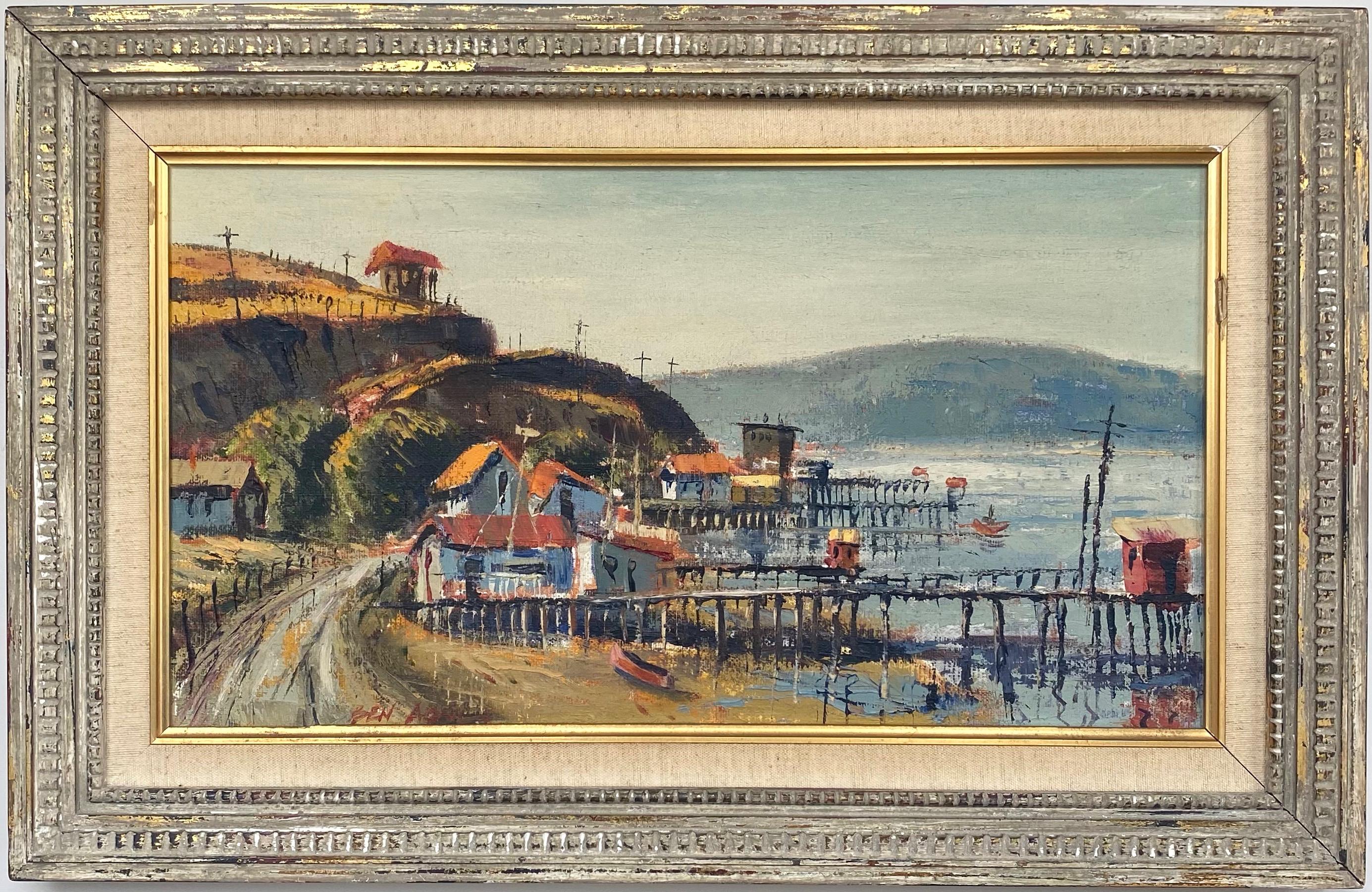 A charmingly evocative 1960s oil on canvas Impressionist landscape & seascape painting titled “Tomales Bay California” by important mid-century Los Angeles artist Ben Abril.

En plein air depiction of the picturesque spot located just up the coast