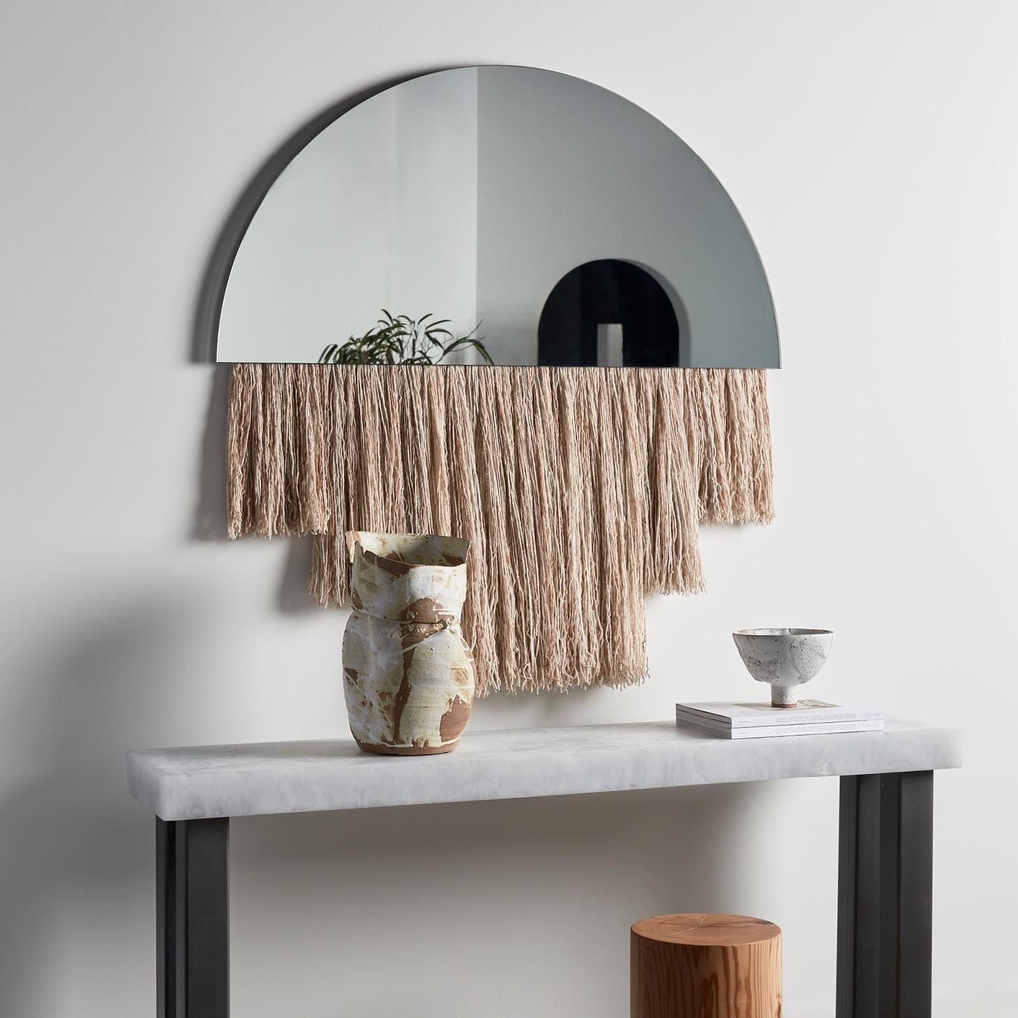 Modern Ben & Aja Blanc – Half Moon Mirror With Hand-spun, Hand-painted Silk Fibre For Sale