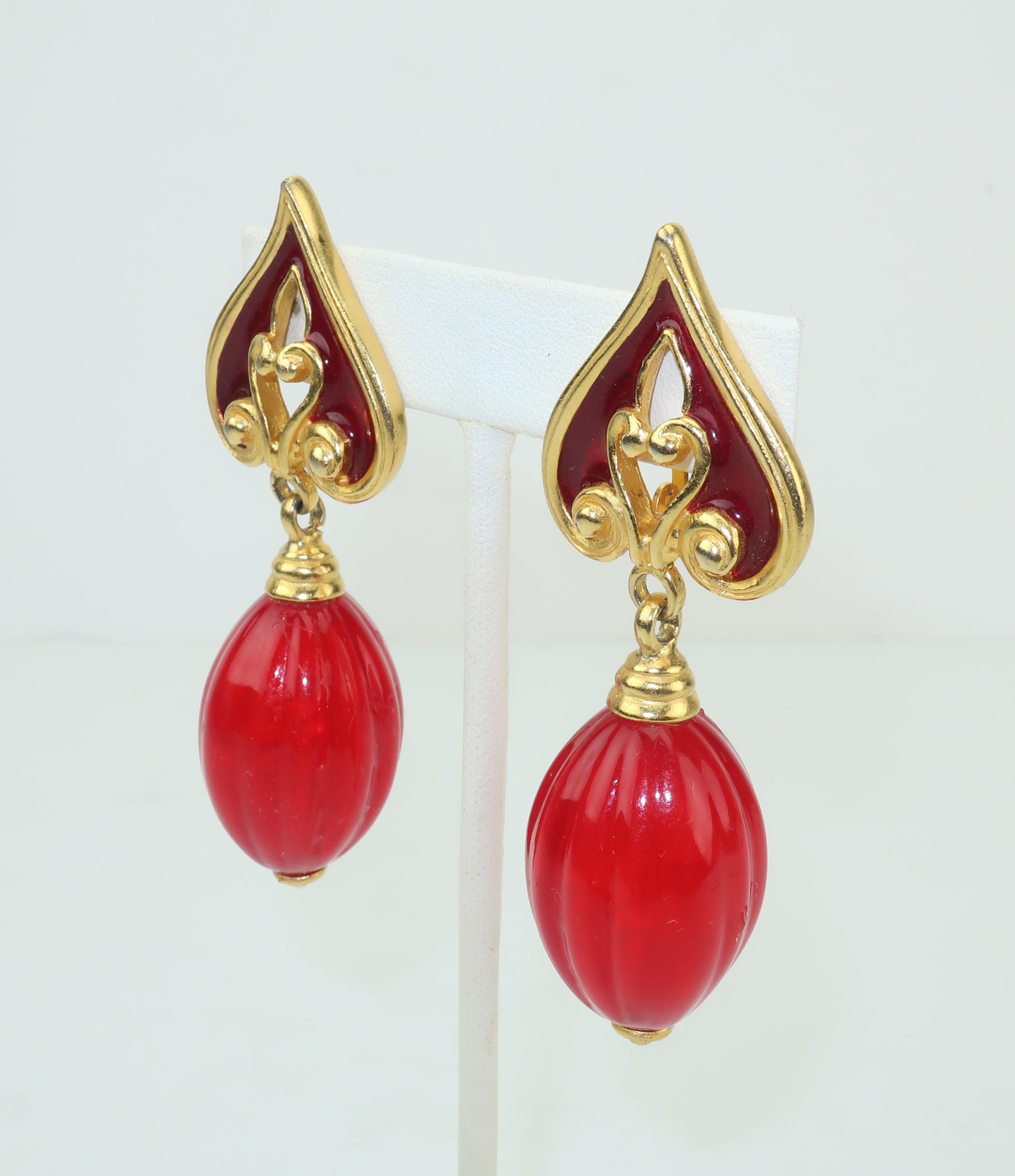 Modern Ben Amun 1980's Red & Gold Dangle Drop Earrings