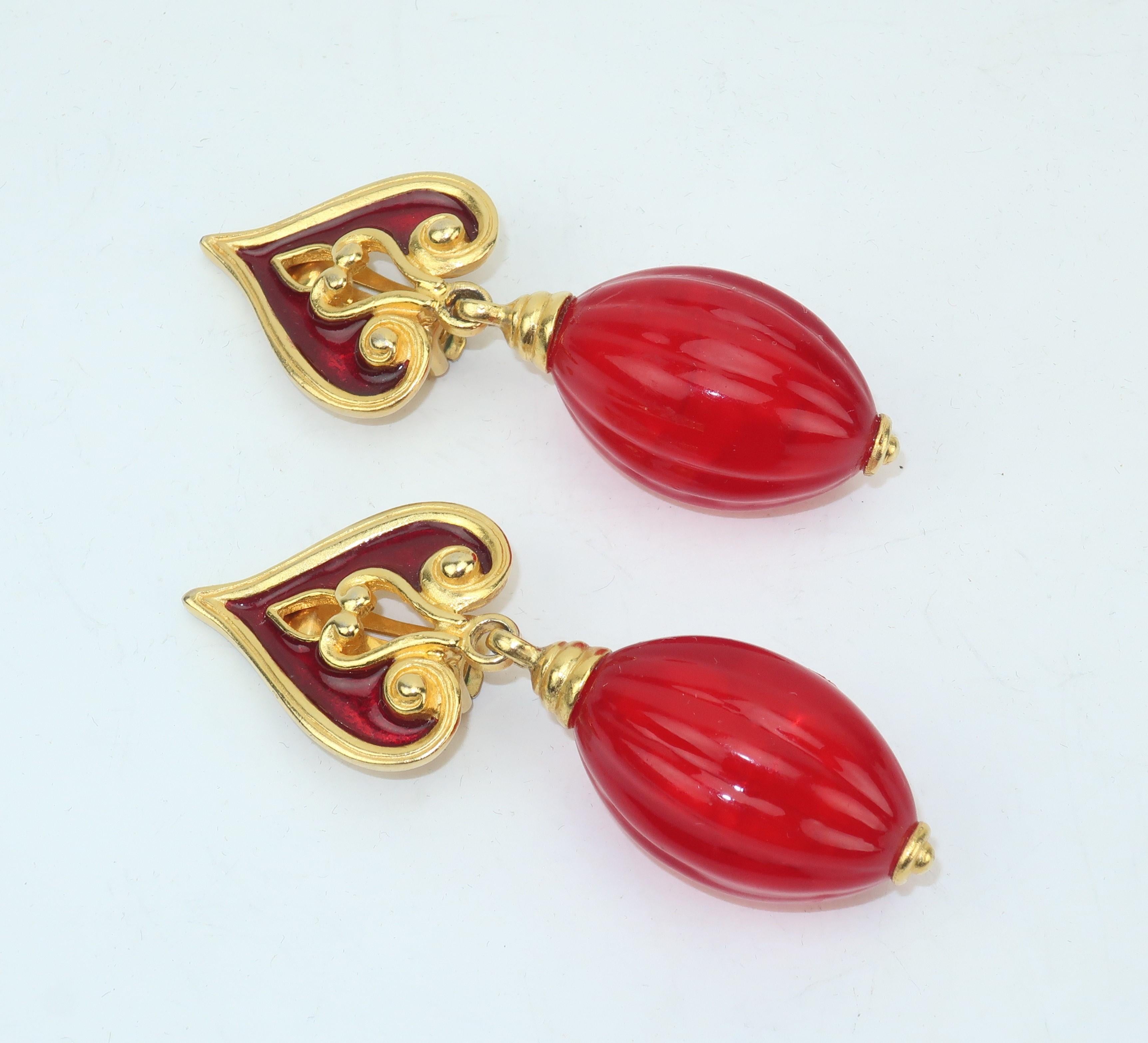 Women's Ben Amun 1980's Red & Gold Dangle Drop Earrings