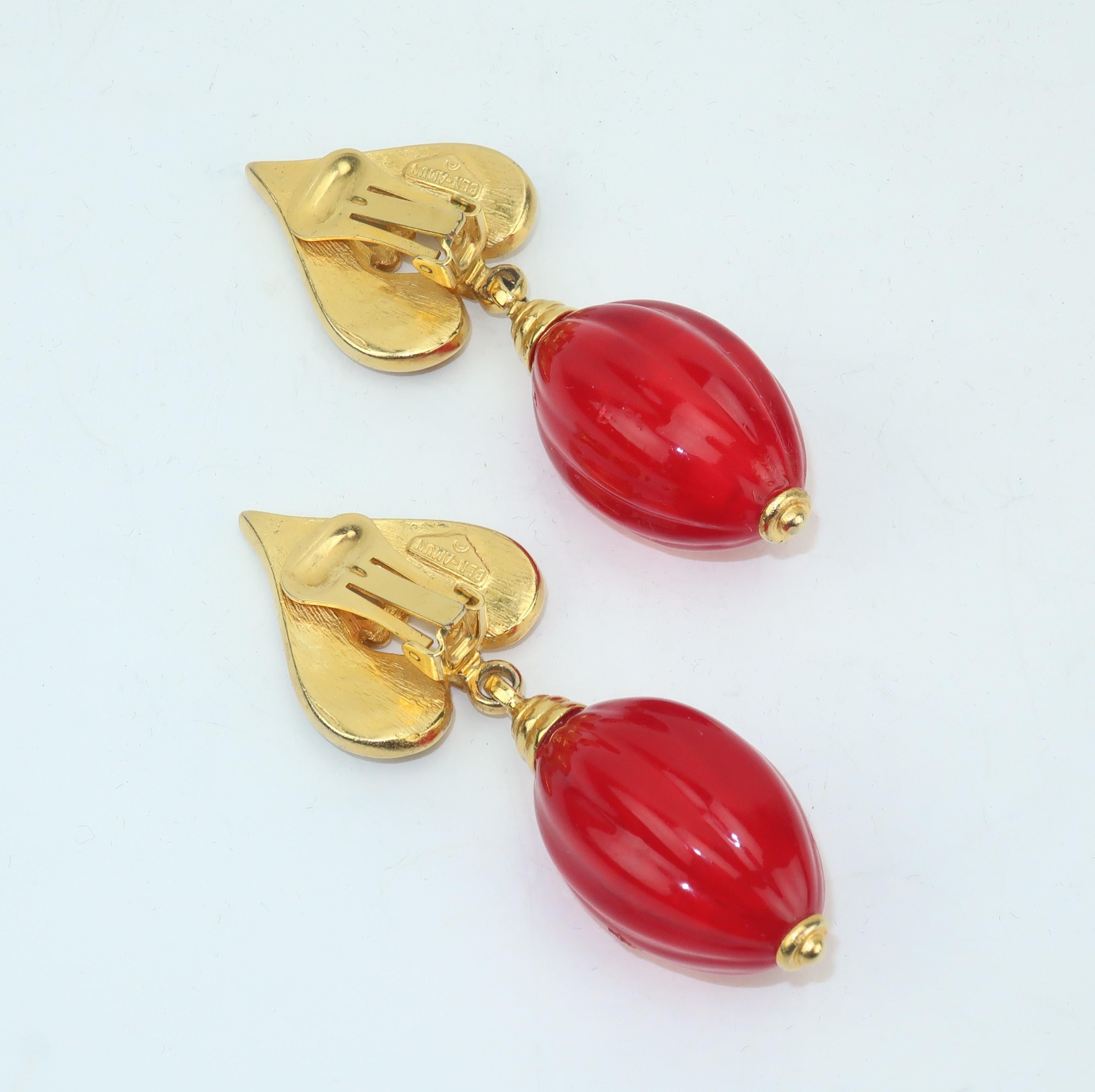 Ben Amun 1980's Red & Gold Dangle Drop Earrings 1