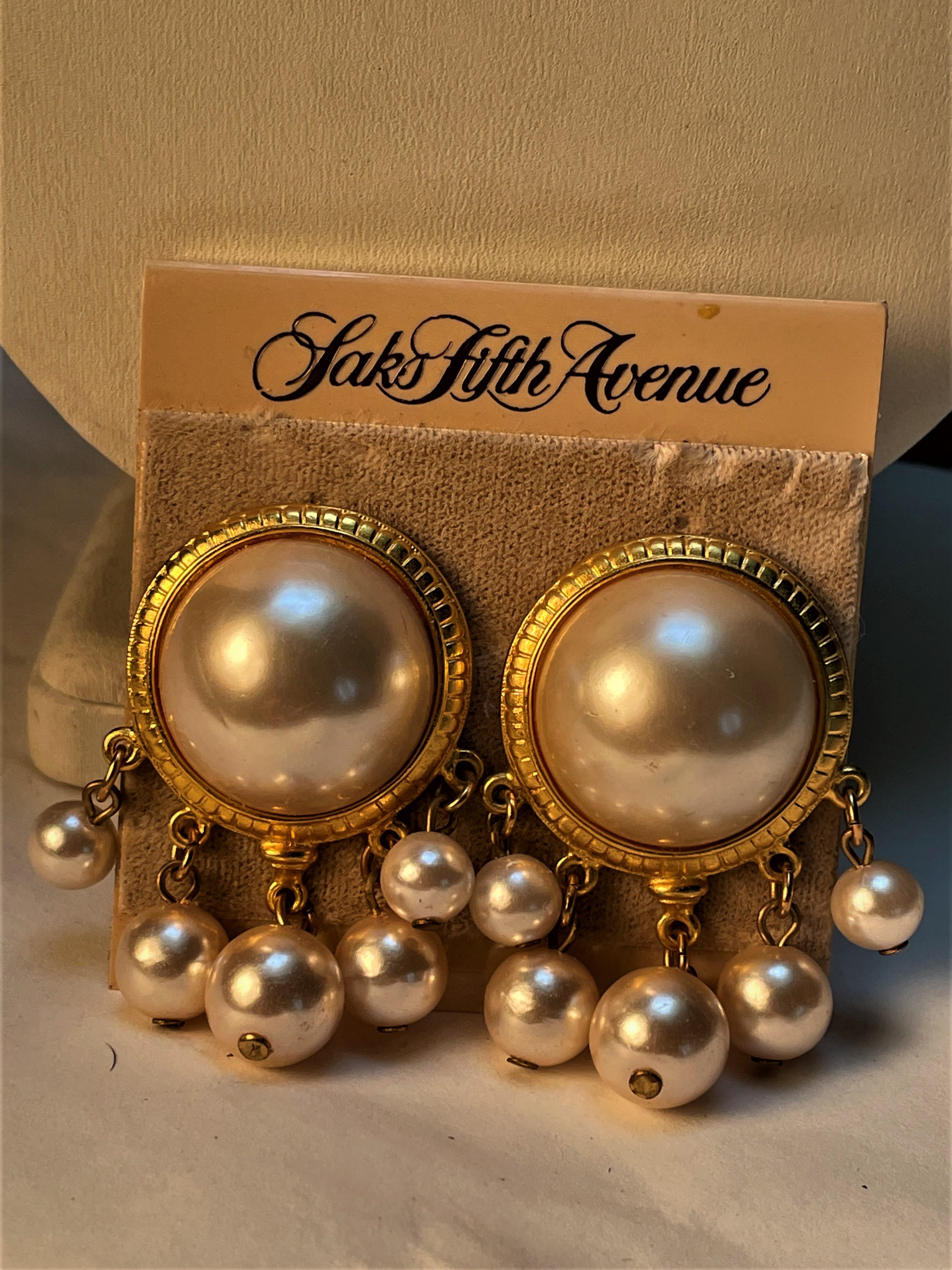 American  Ben-Amun Faux Mabe Pearl Clip Earrings w/ Dangles For Sale