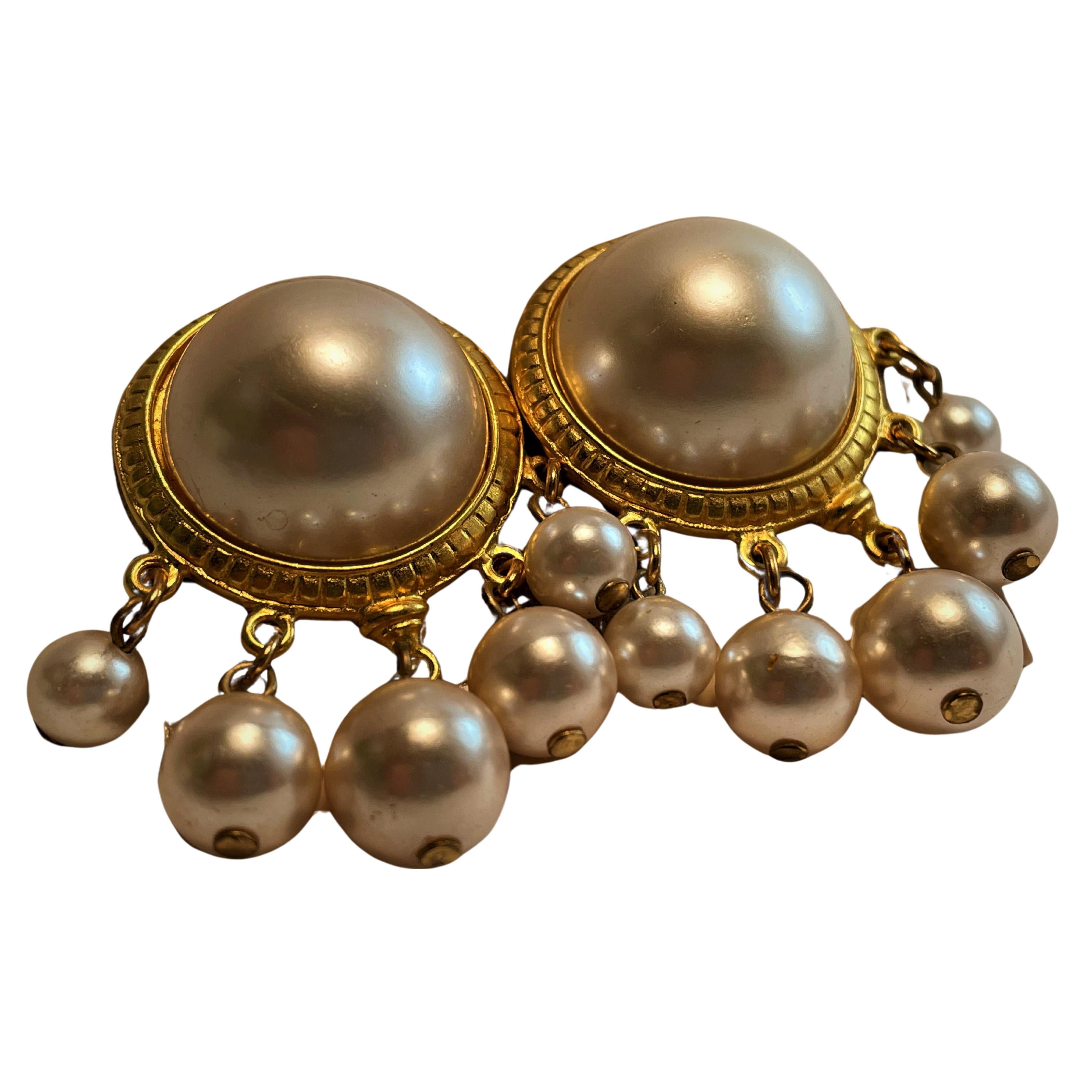  Ben-Amun Faux Mabe Pearl Clip Earrings w/ Dangles For Sale