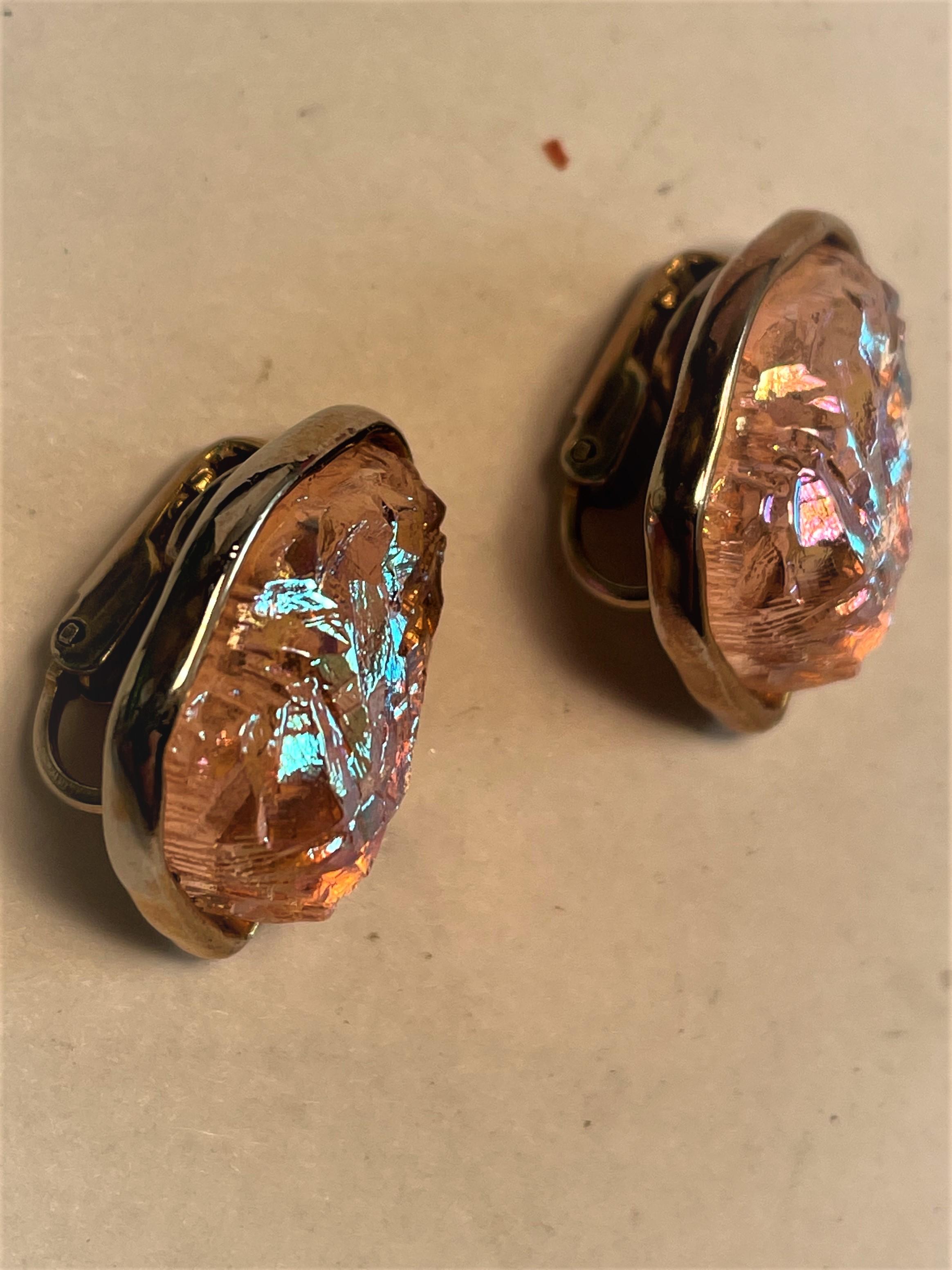 Mid-Century Modern Ben-Amun Free Form Modernist AB Orange/Pink Glass Clip Earrings  For Sale