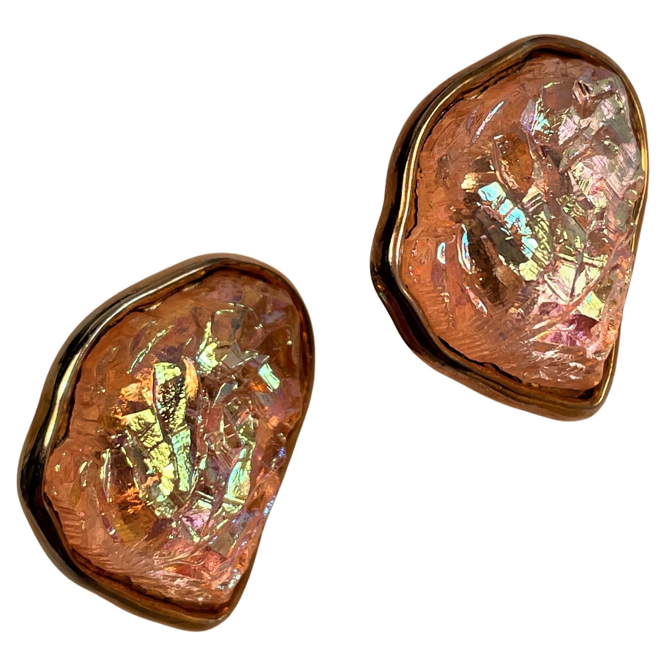 Ben-Amun Free Form Modernist AB Orange/Pink Glass Clip Earrings  For Sale
