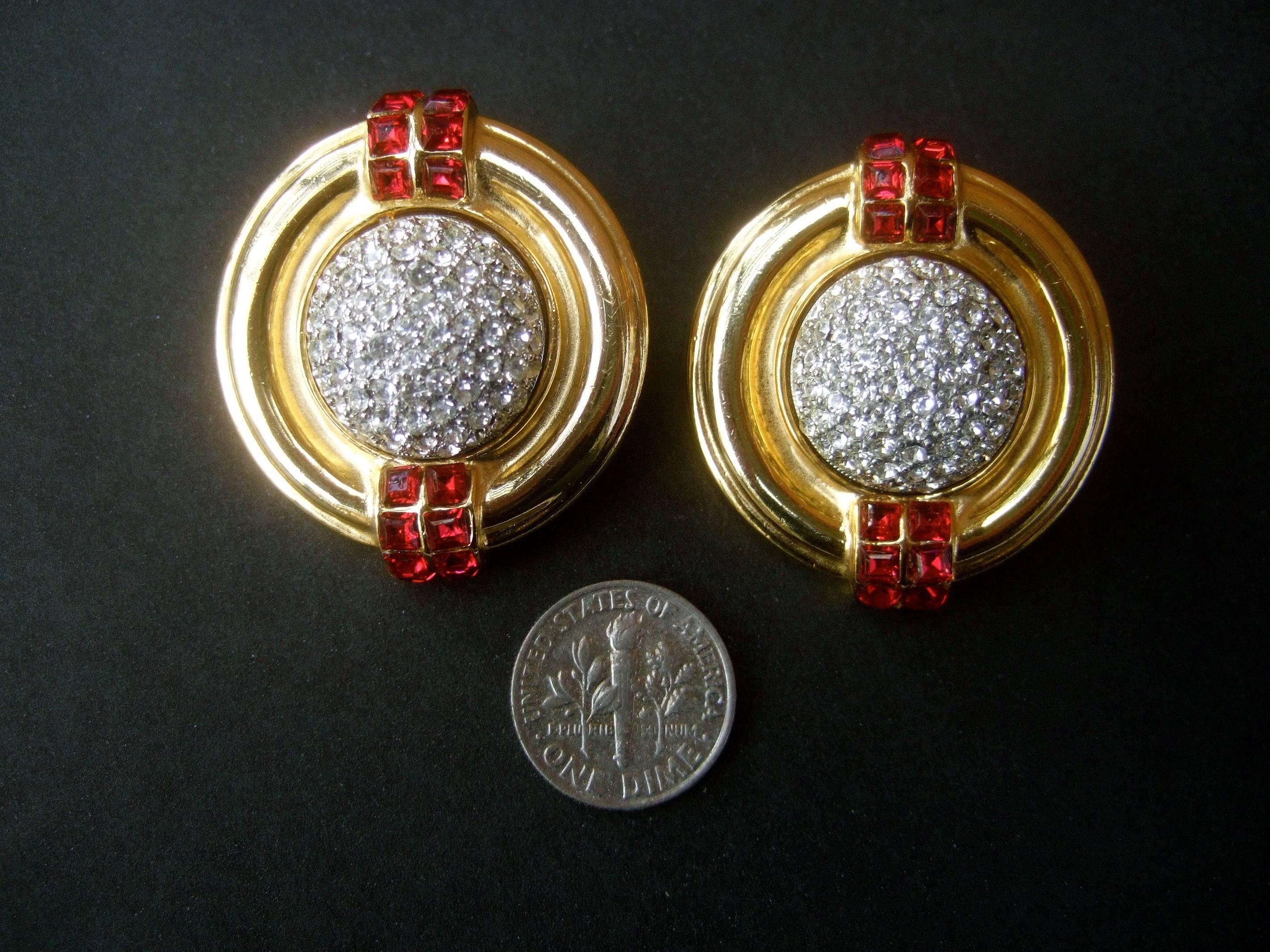 Women's Ben Amun Large Crystal Encrusted Art Deco Style Clip Earrings, circa 1980s  For Sale