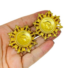 BEN AMUN signed vintage gold tone Roman coin massive designer clip on earrings