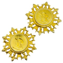 BEN AMUN signed vintage gold tone Roman coin massive designer clip on earrings