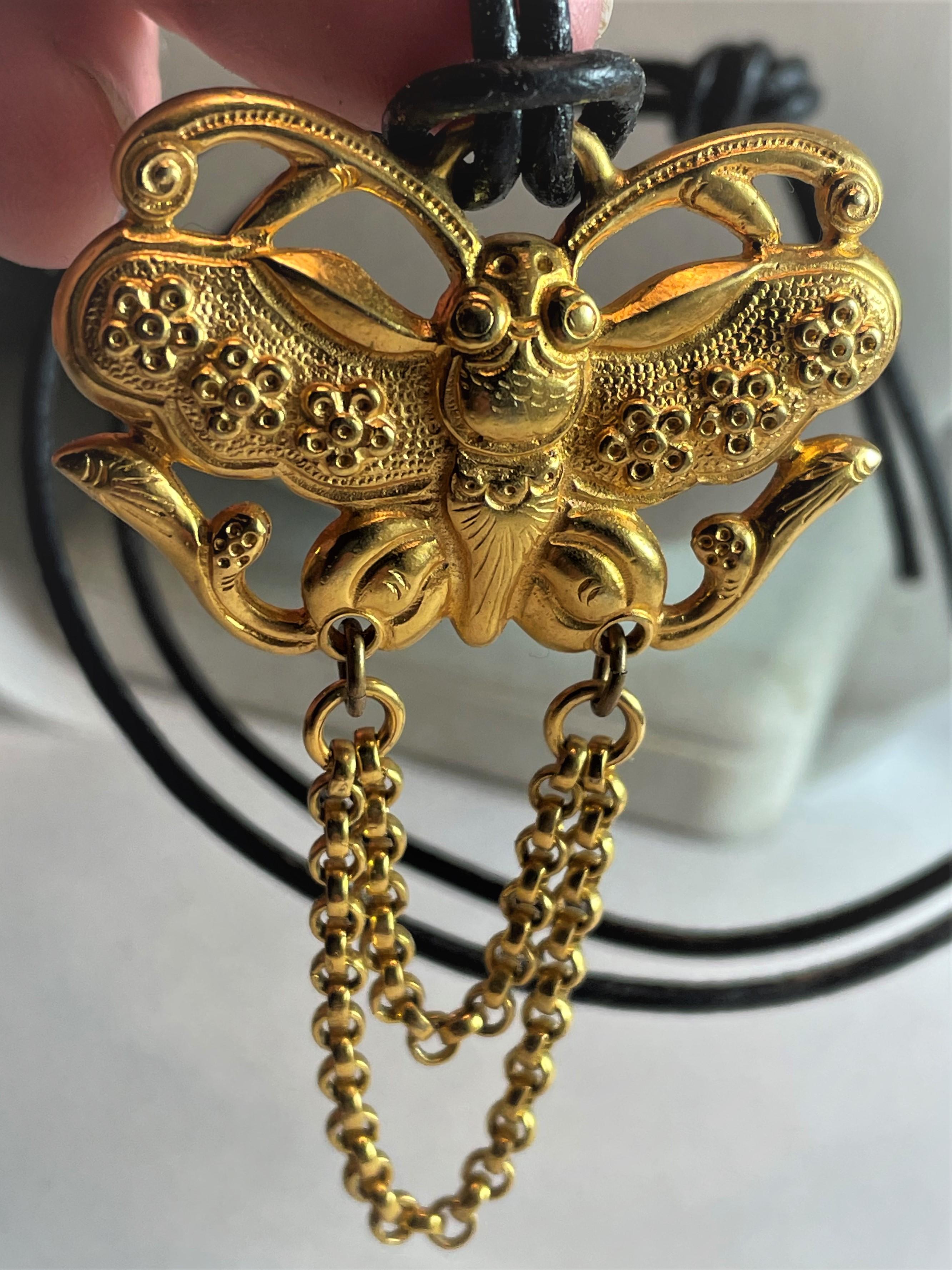 Ben-Amun Stylized Butterfly Gold Tone Pendant on Leather Cord For Sale 3
