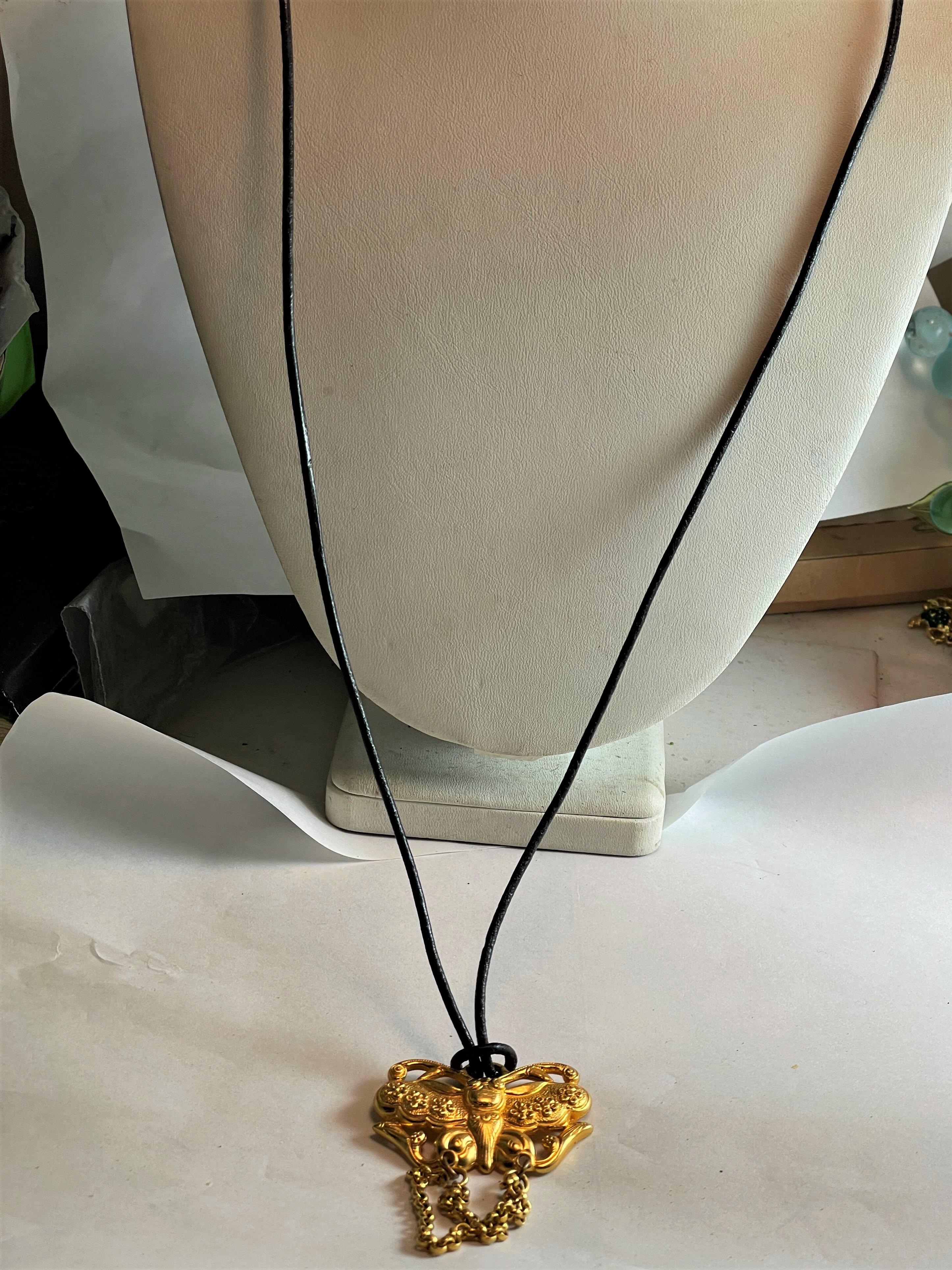 Ben-Amun Stylized Butterfly Gold Tone Pendant on Leather Cord For Sale 4