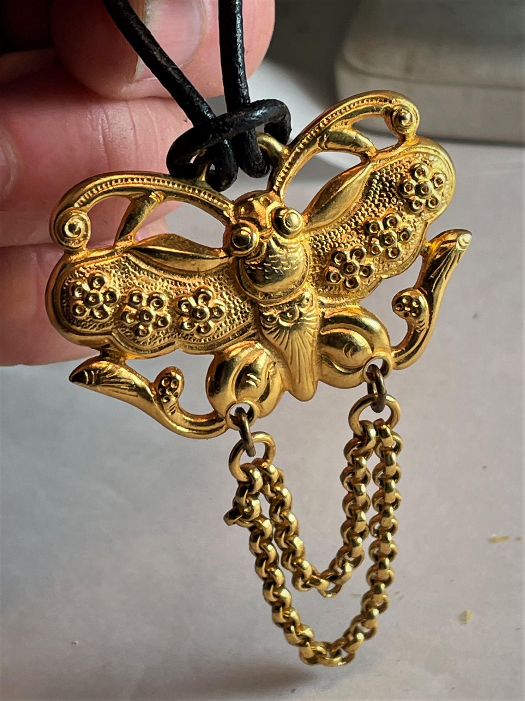 Ben-Amun Stylized Butterfly Gold Tone Pendant on Leather Cord For Sale 5