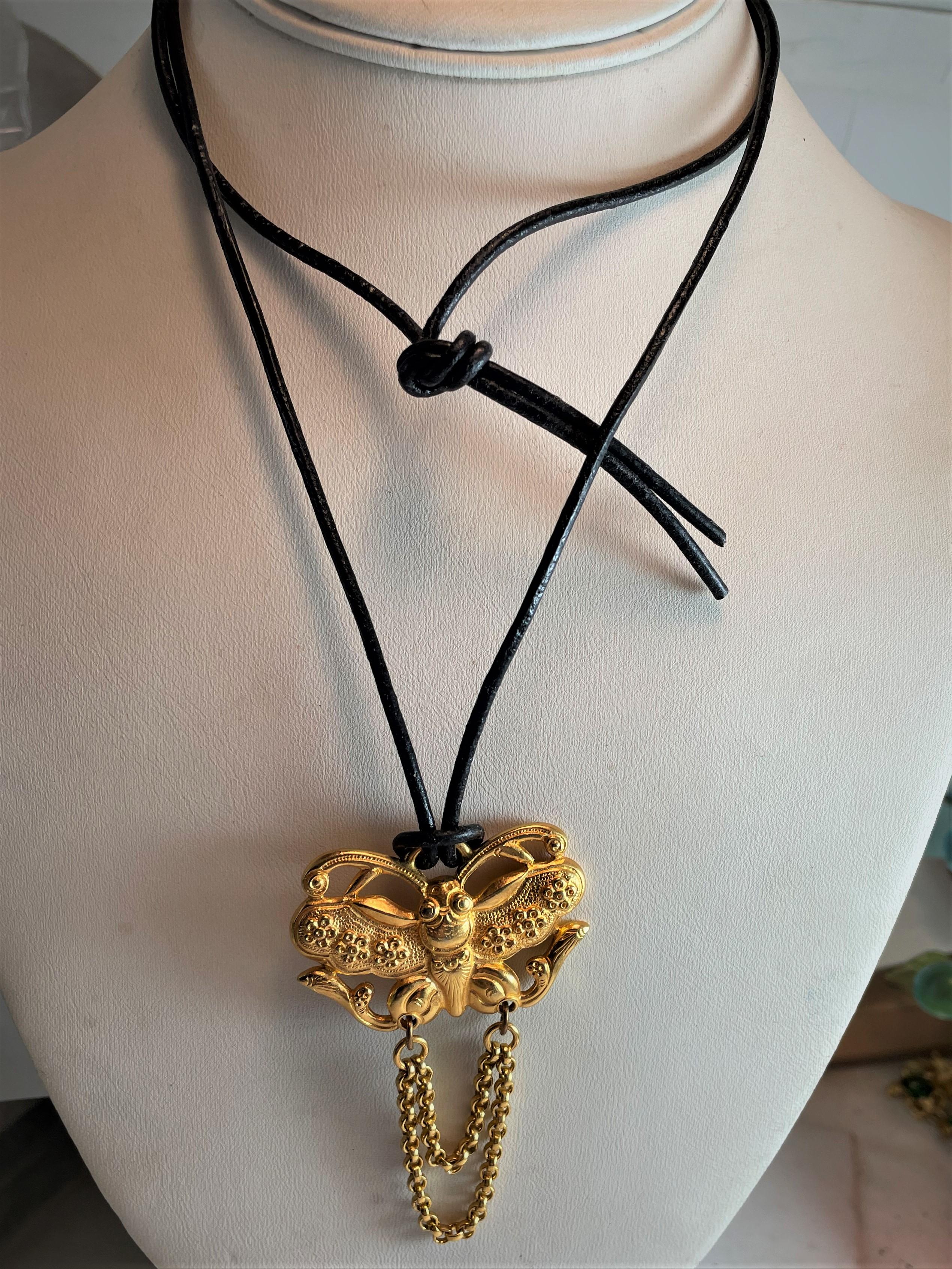 American Ben-Amun Stylized Butterfly Gold Tone Pendant on Leather Cord For Sale