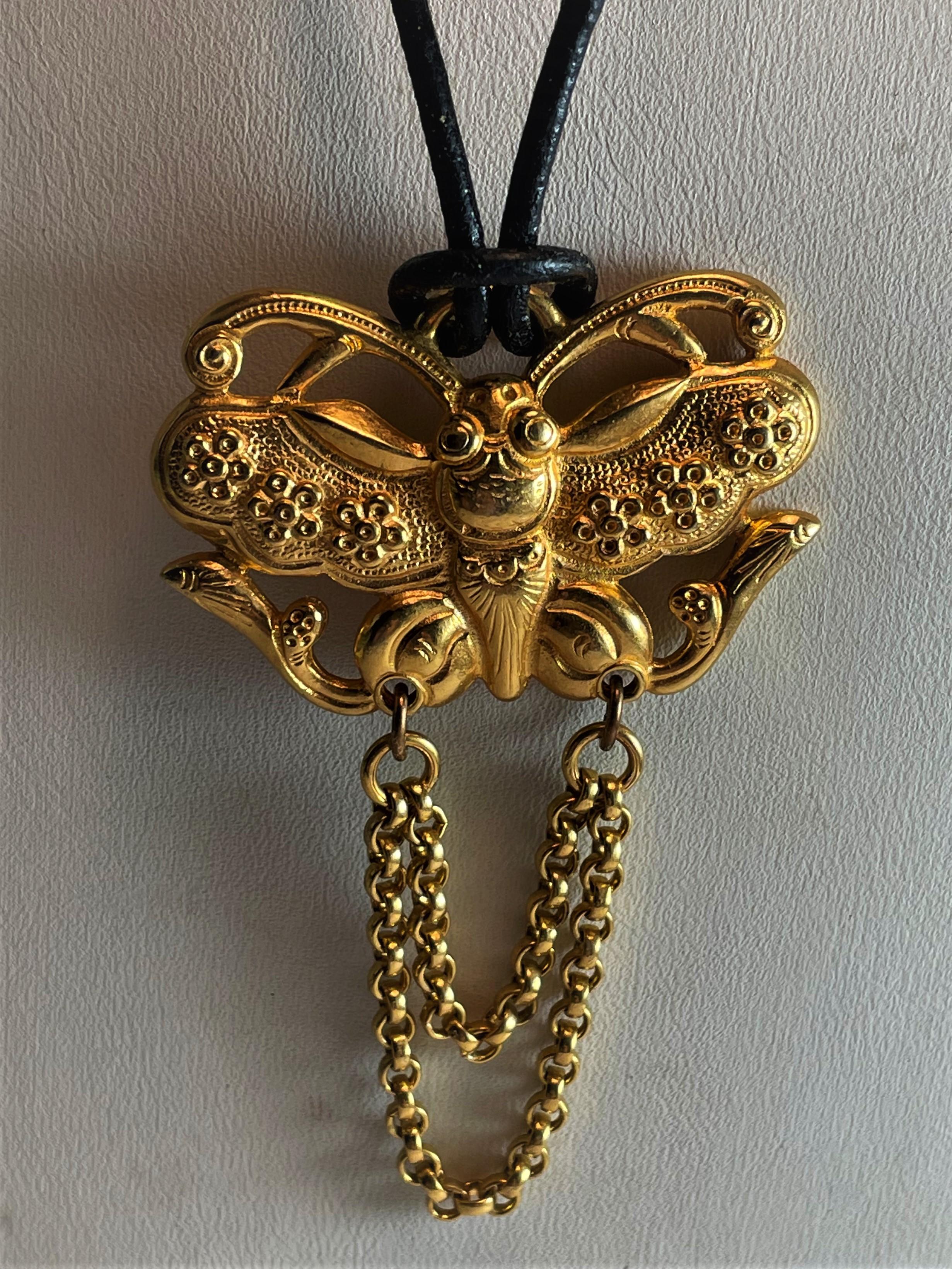 Cast Ben-Amun Stylized Butterfly Gold Tone Pendant on Leather Cord For Sale