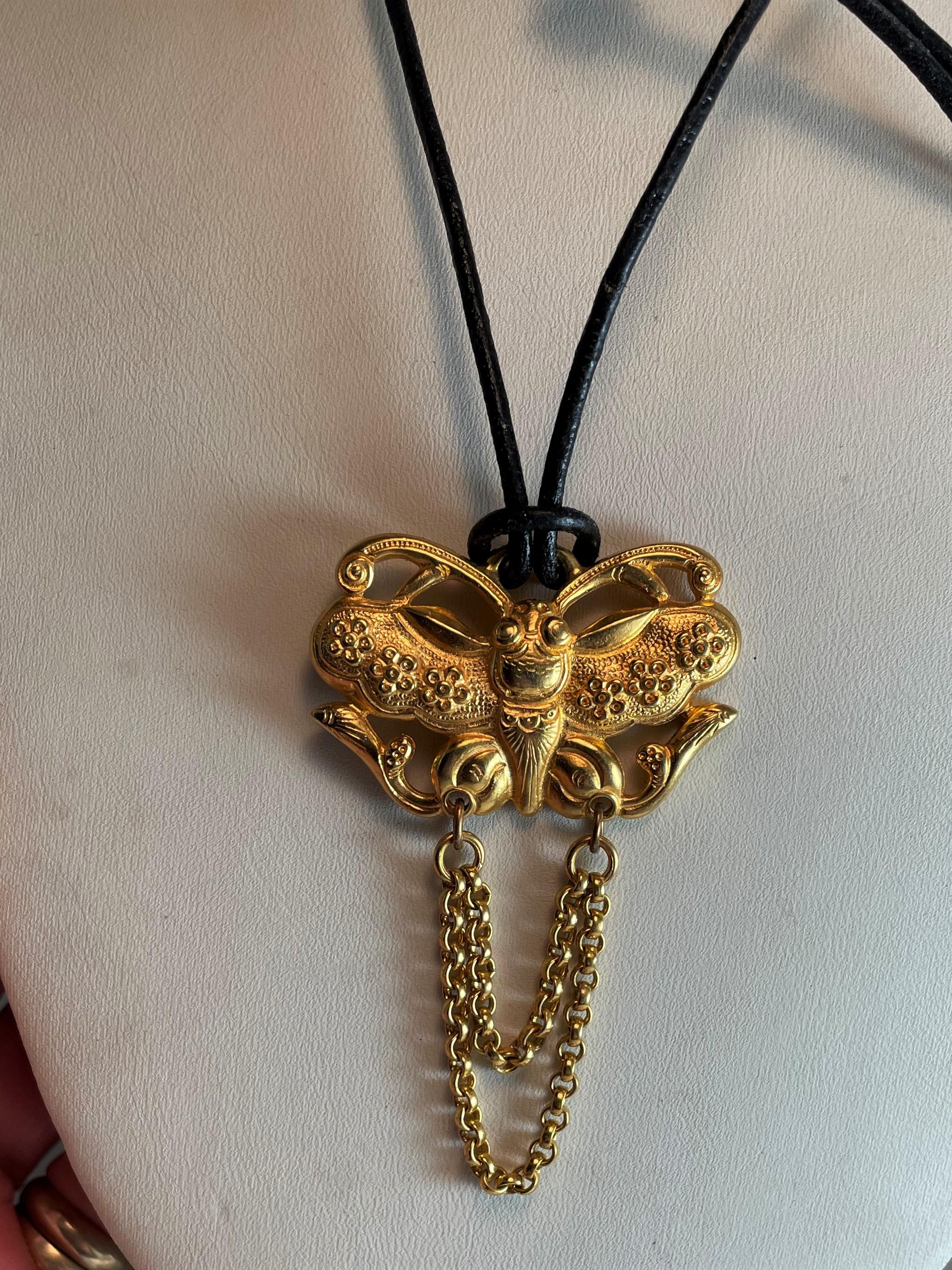 Ben-Amun Stylized Butterfly Gold Tone Pendant on Leather Cord In Excellent Condition For Sale In Clifton Forge, VA