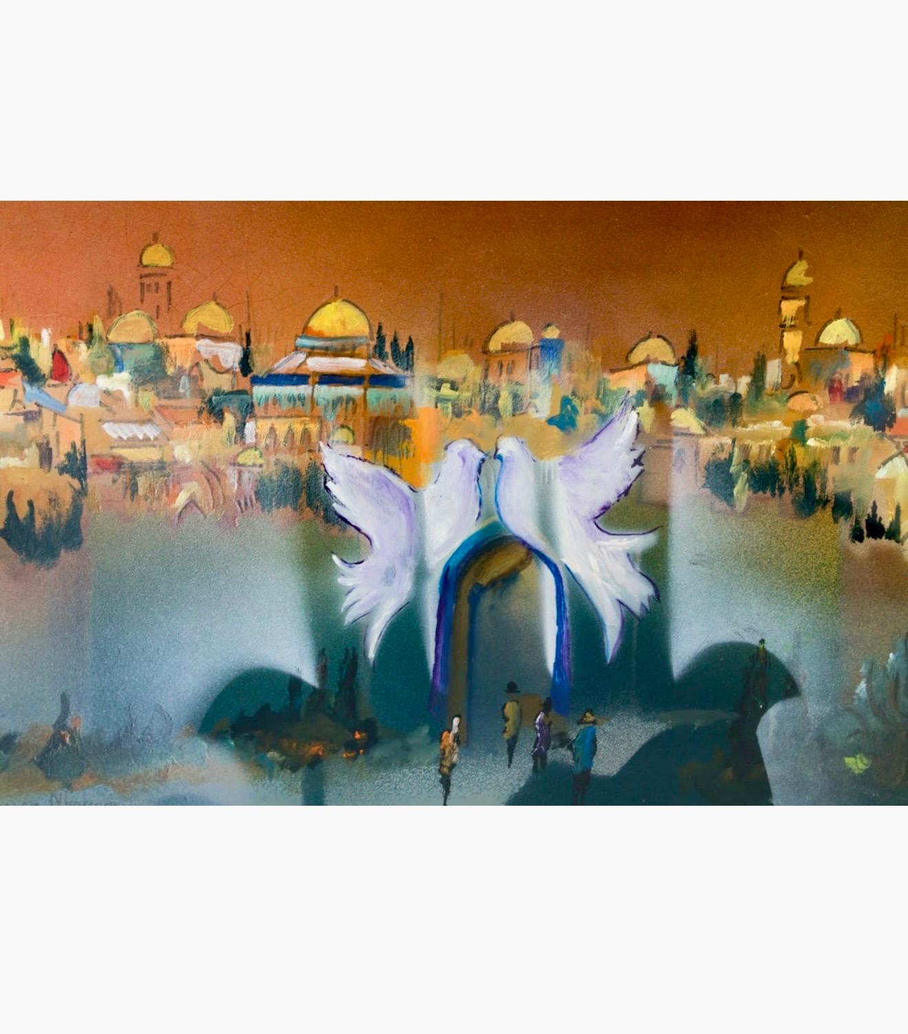 Ben Avraham Nahmani Israelische Schule Jerusalem Landschaftsgemälde Tauben des Friedens – Painting von  Ben Avraham Nhamani