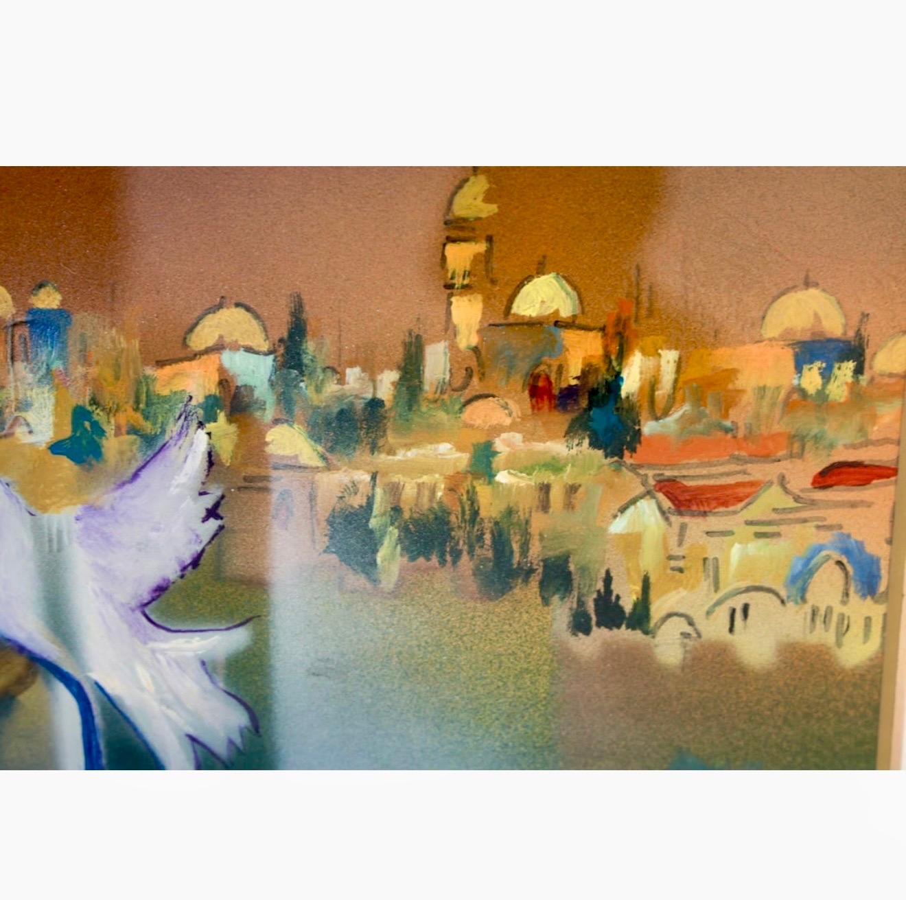 Ben Avraham Nahmani Israelische Schule Jerusalem Landschaftsgemälde Tauben des Friedens (Moderne), Painting, von  Ben Avraham Nhamani