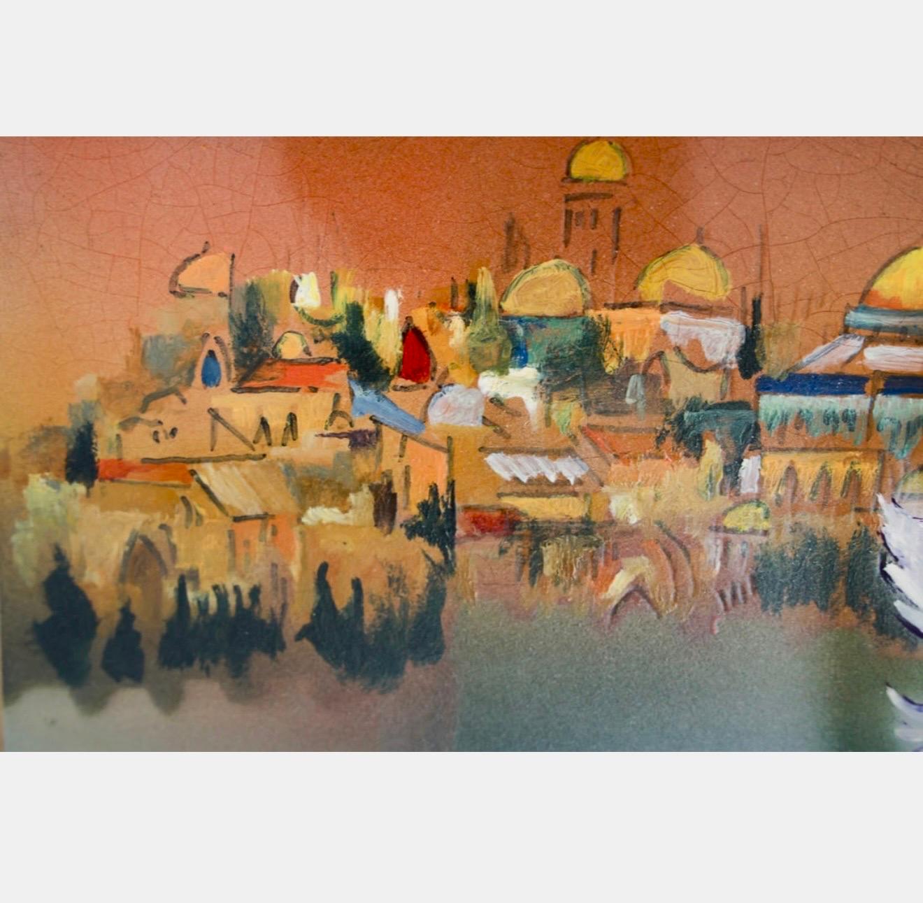 Ben Avraham Nahmani Israelische Schule Jerusalem Landschaftsgemälde Tauben des Friedens (Beige), Landscape Painting, von  Ben Avraham Nhamani