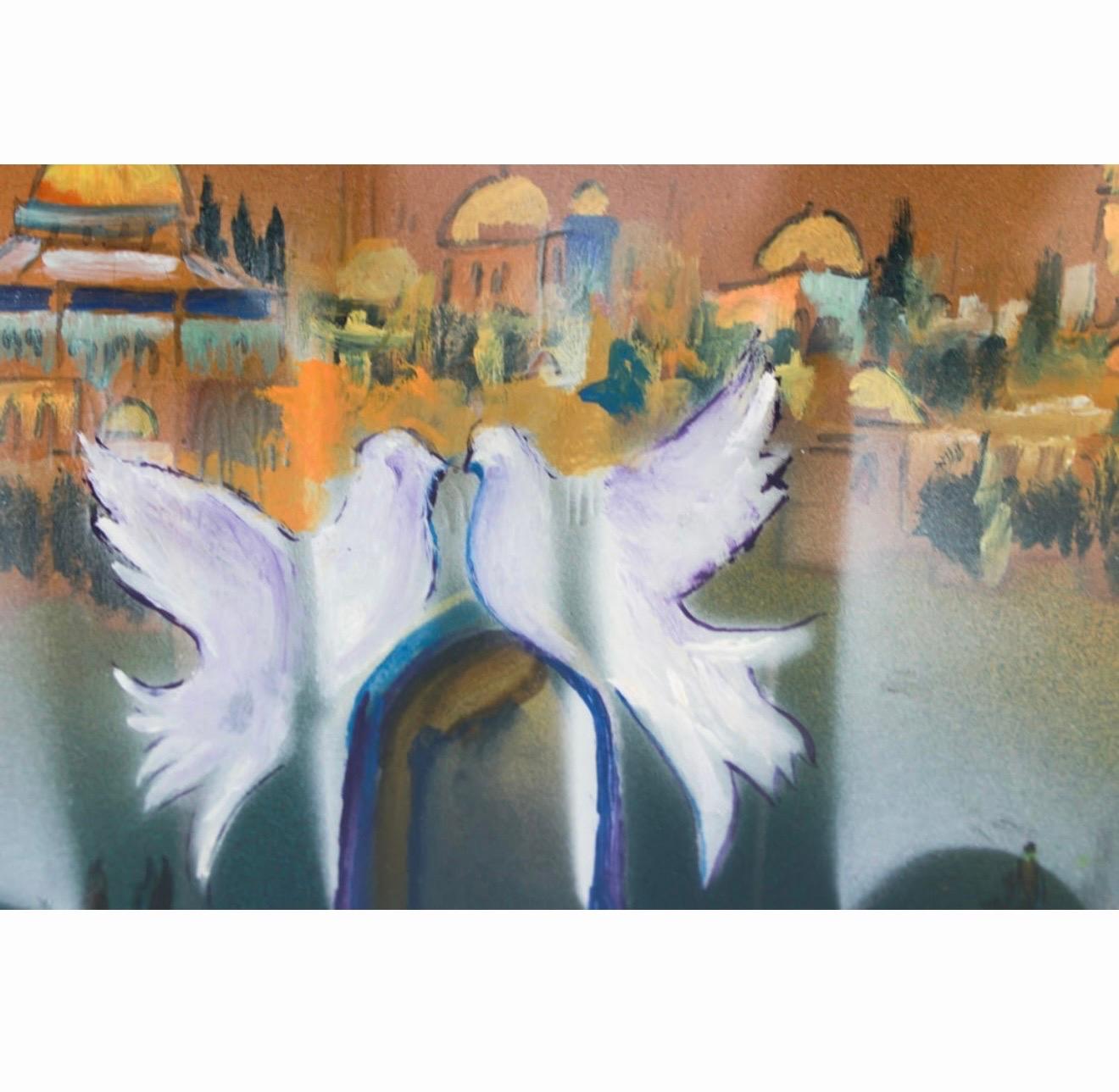 Ben Avraham Nahmani Israelische Schule Jerusalem Landschaftsgemälde Tauben des Friedens im Angebot 1