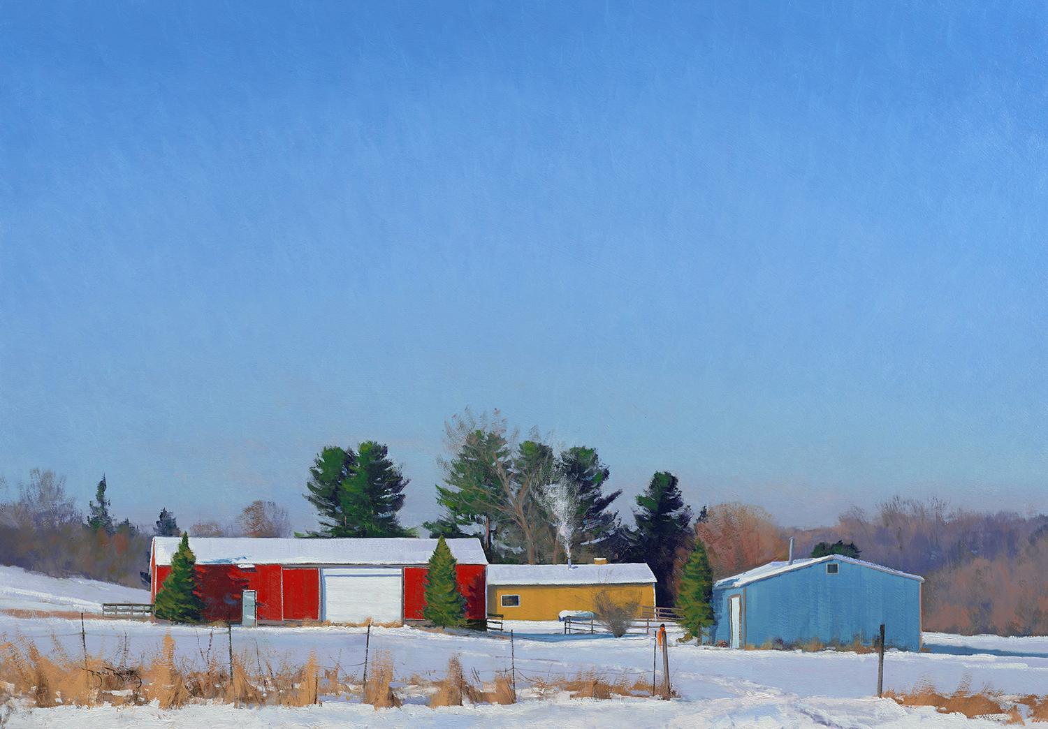 A contemporary oil painting of a snow-covered farm in the Midwest by tonalist painter, Ben Bauer.