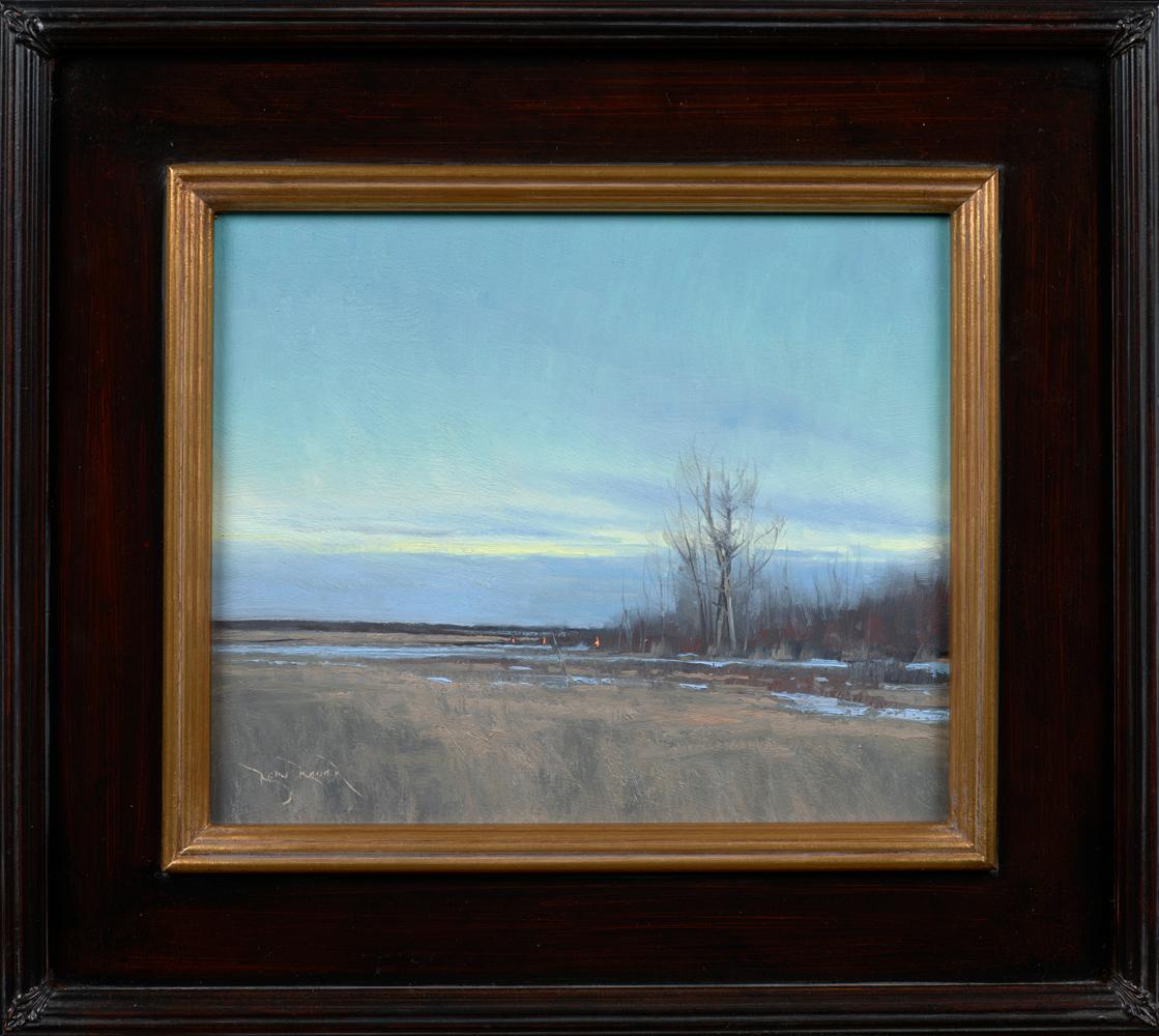 A small American landscape painting by Ben Bauer.  This work is exhibited in Serene Chill: Tonalist Ladscapes by Ben Bauer, 2020